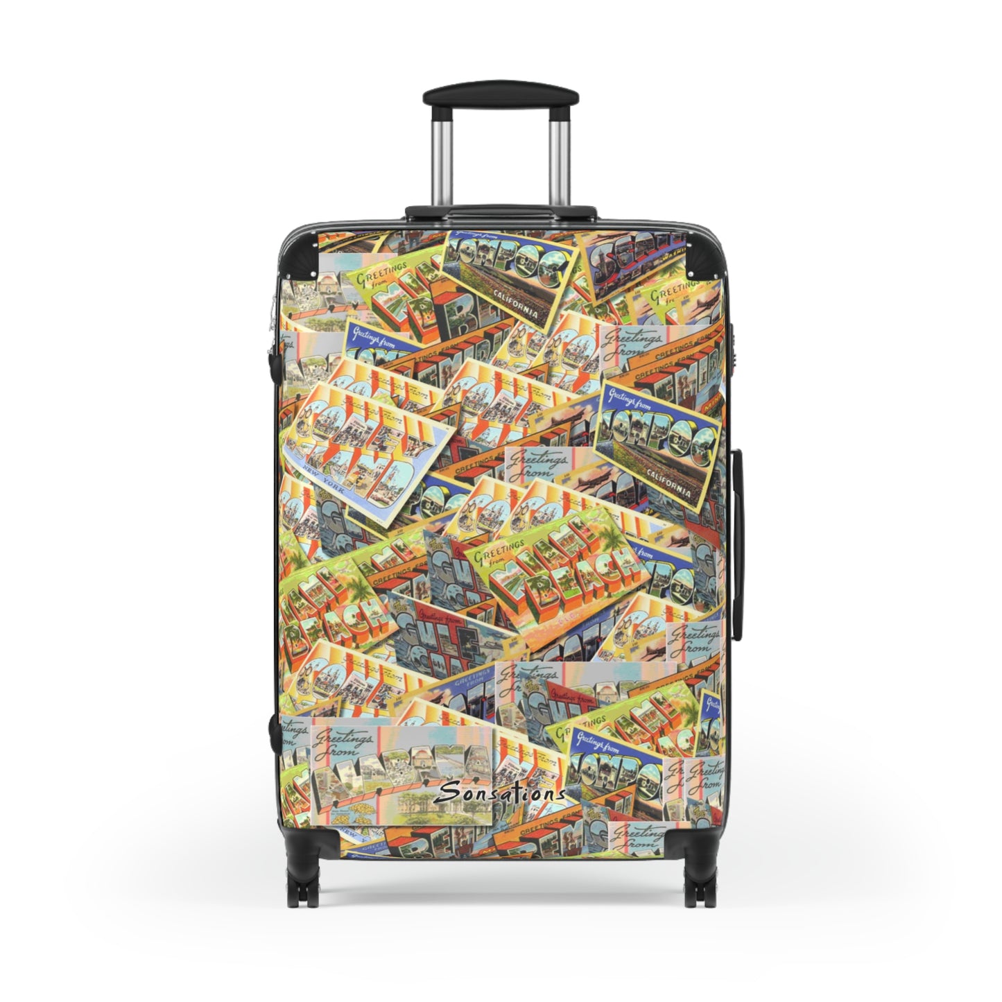 Colorful retro postcard luggage design featuring vintage postcard imagery for stylish travelers