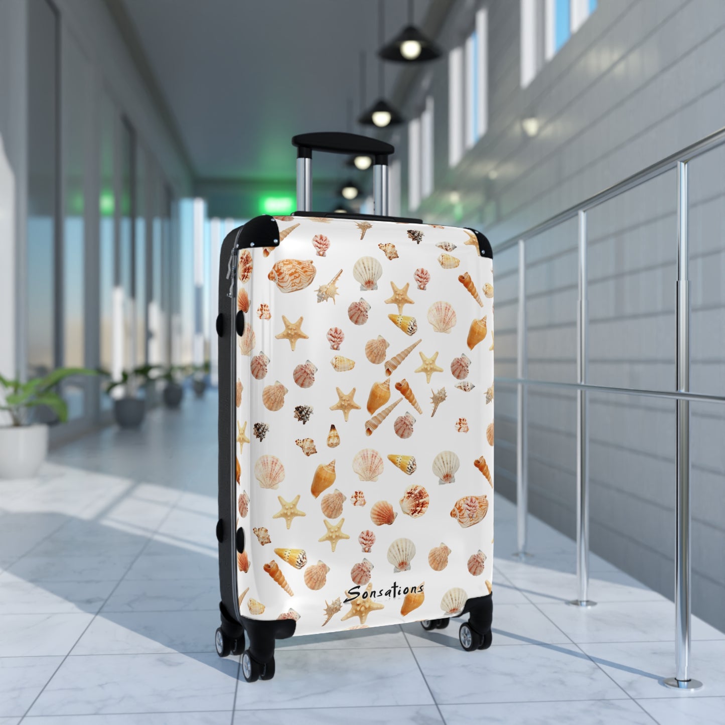 Seashell pattern suitcase with a stylish design, perfect for travel lovers and beach enthusiasts