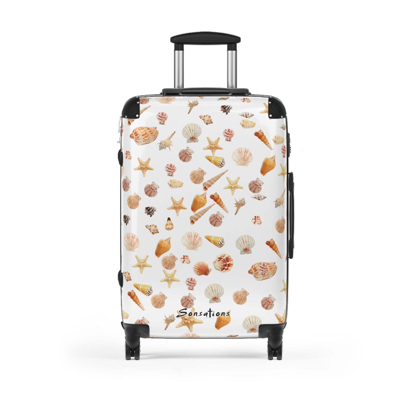 Seashell pattern suitcase with colorful marine designs, perfect for beach lovers and travelers
