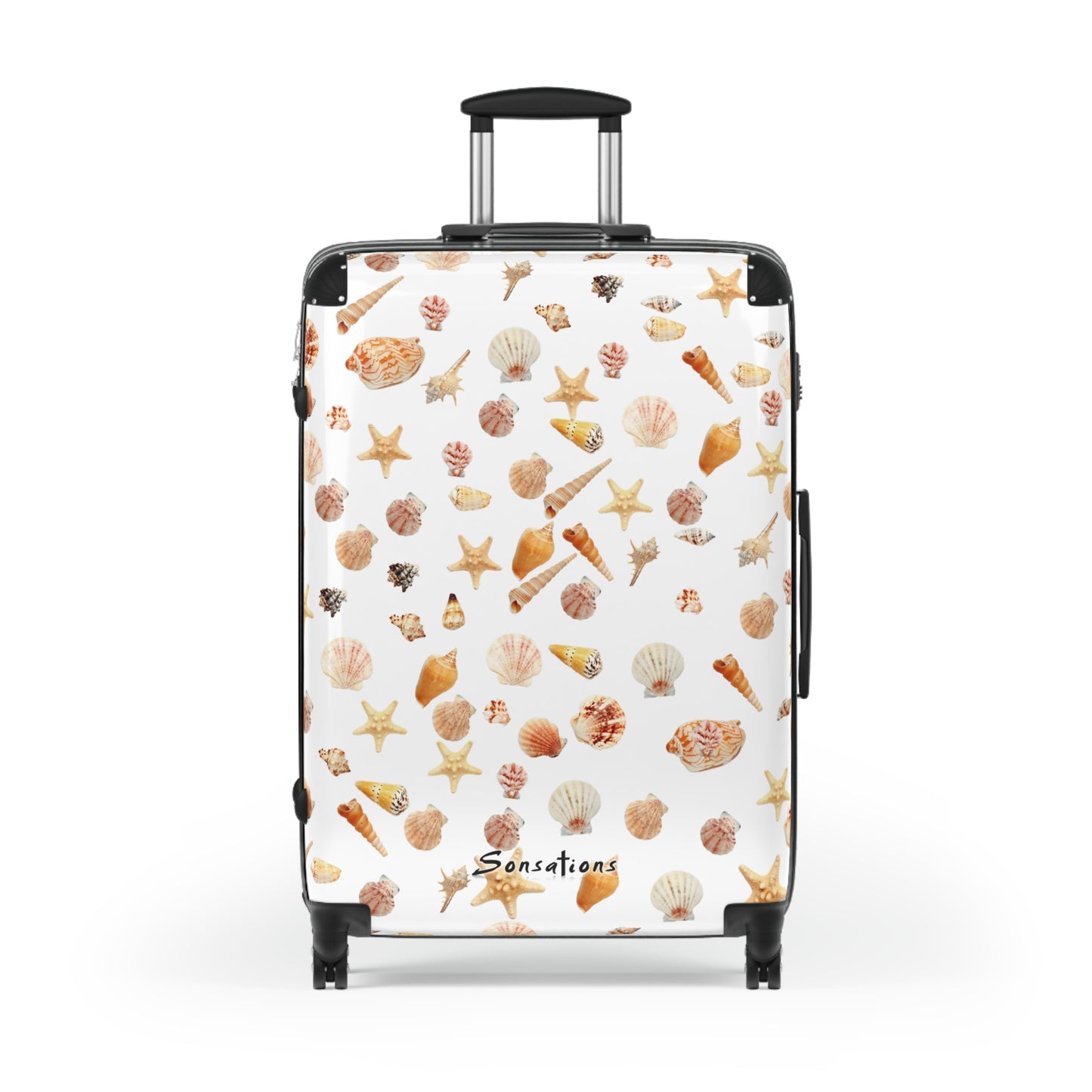 Seashell pattern suitcase featuring various shell designs for stylish travel