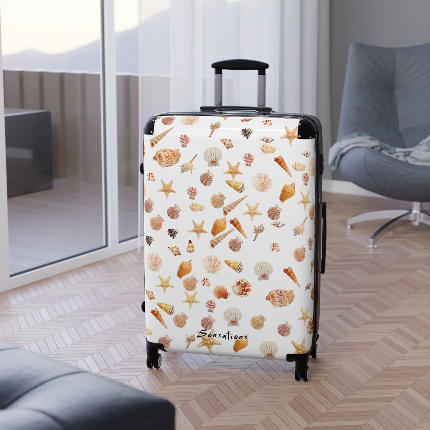 Seashell pattern suitcase featuring a variety of shells and starfish ideal for travel enthusiasts