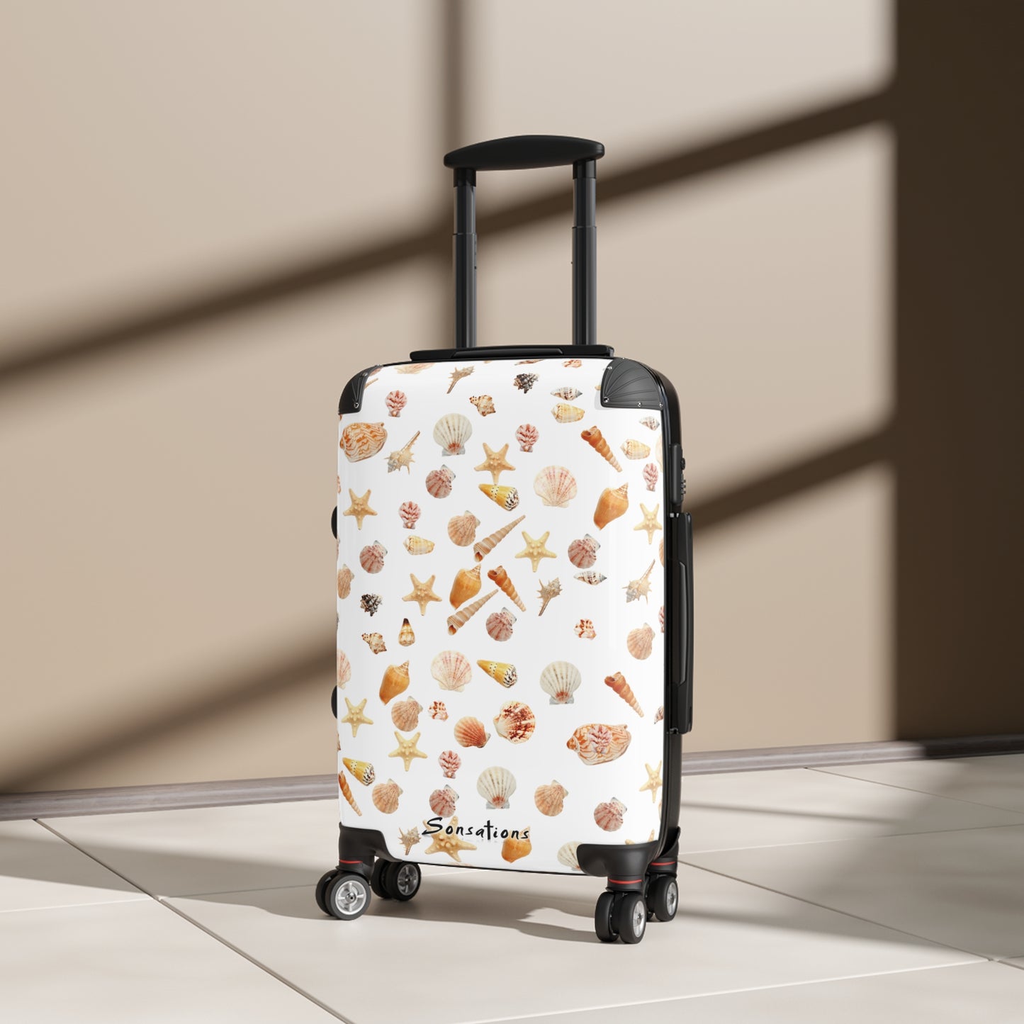 Stylish seashell pattern suitcase featuring vibrant shell designs for travel enthusiasts