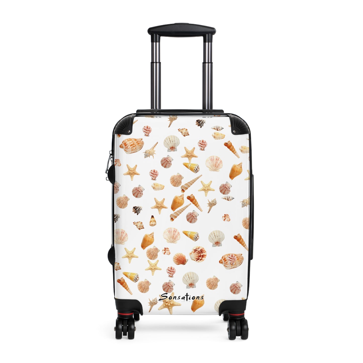 Seashell pattern suitcase featuring colorful ocean-themed designs on a durable exterior