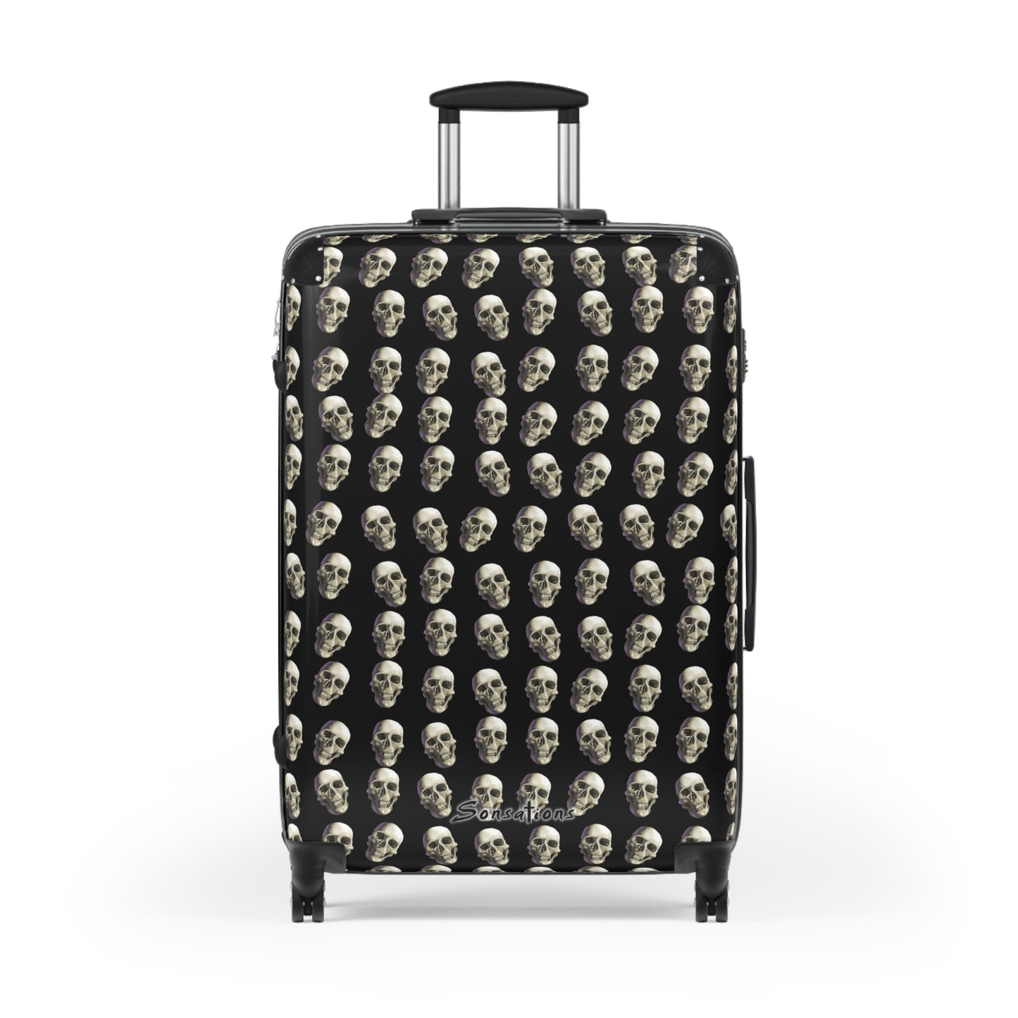 Skull print suitcase with multiple skull designs on a black background for stylish travel