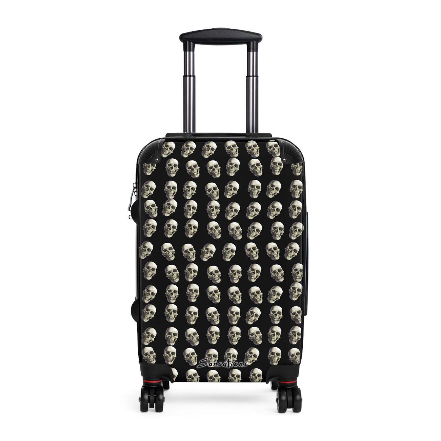Skull print suitcase with a unique design featuring multiple skulls on a black background