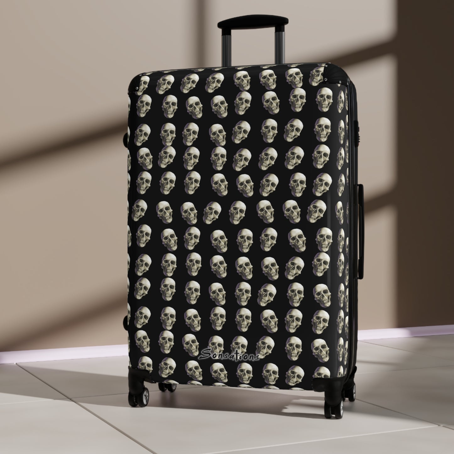 Skull print suitcase featuring an all-over skull pattern for stylish travel enthusiasts