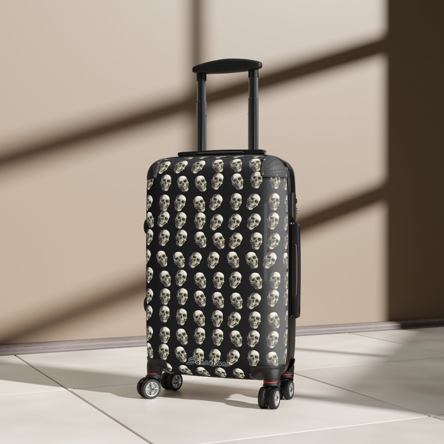 Skull print suitcase featuring a unique design with repeating skull patterns for stylish travel