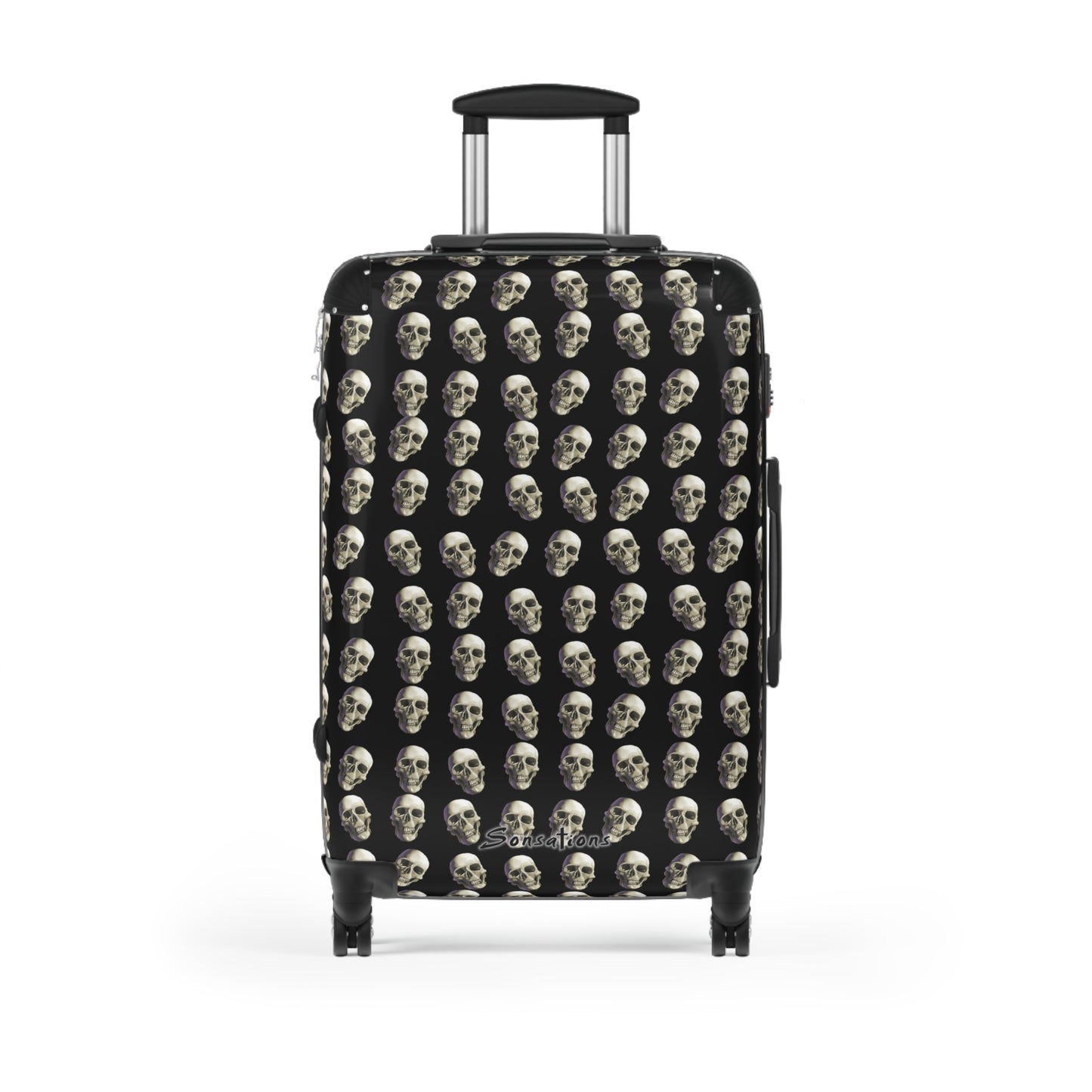 Skull print suitcase featuring a black design with multiple skulls, perfect for stylish travel