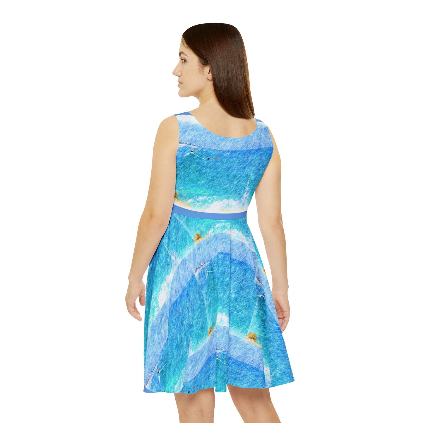 Back view of a surf inspired women's dress featuring vibrant ocean wave prints