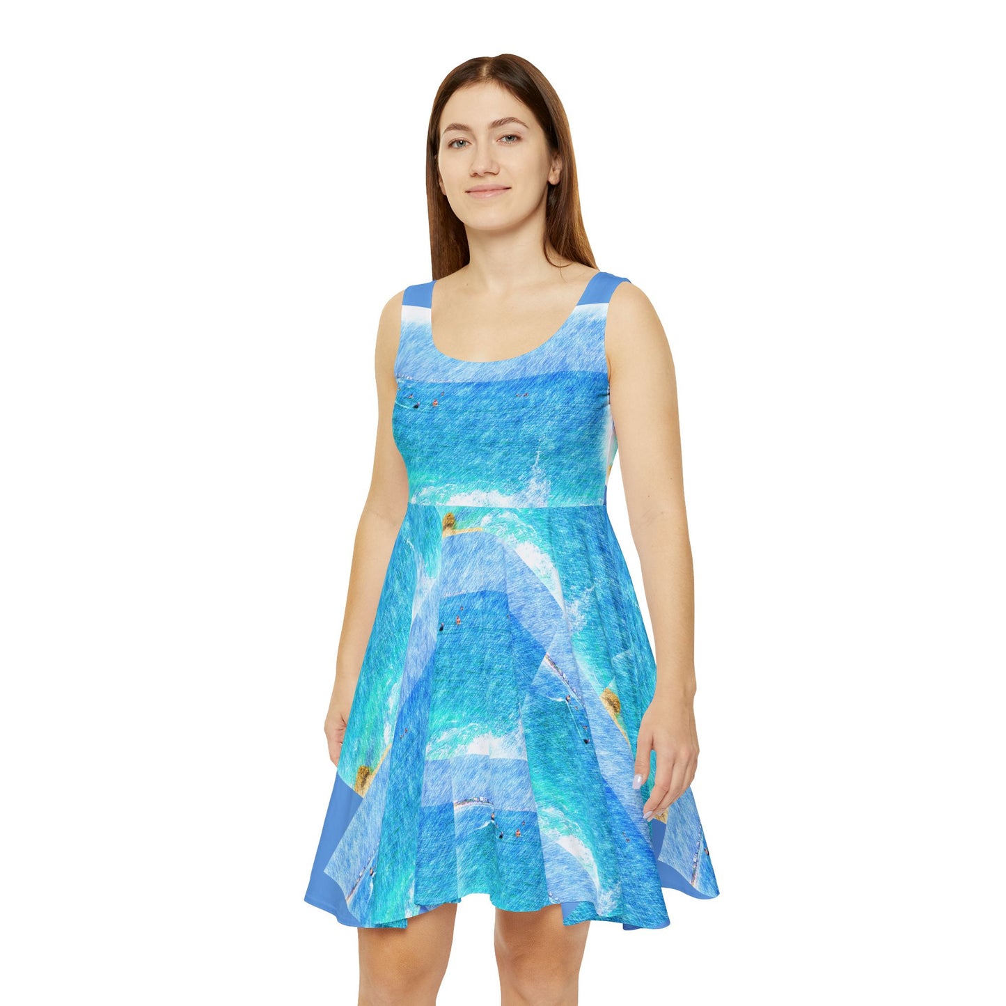Surf inspired women's dress featuring a vibrant blue ocean print and a flattering A-line silhouette