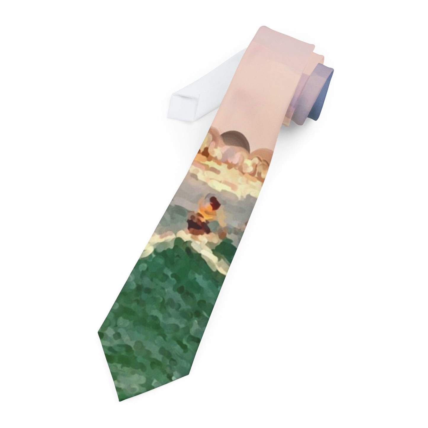Surf-themed necktie featuring a colorful ocean scene with a surfer riding the waves