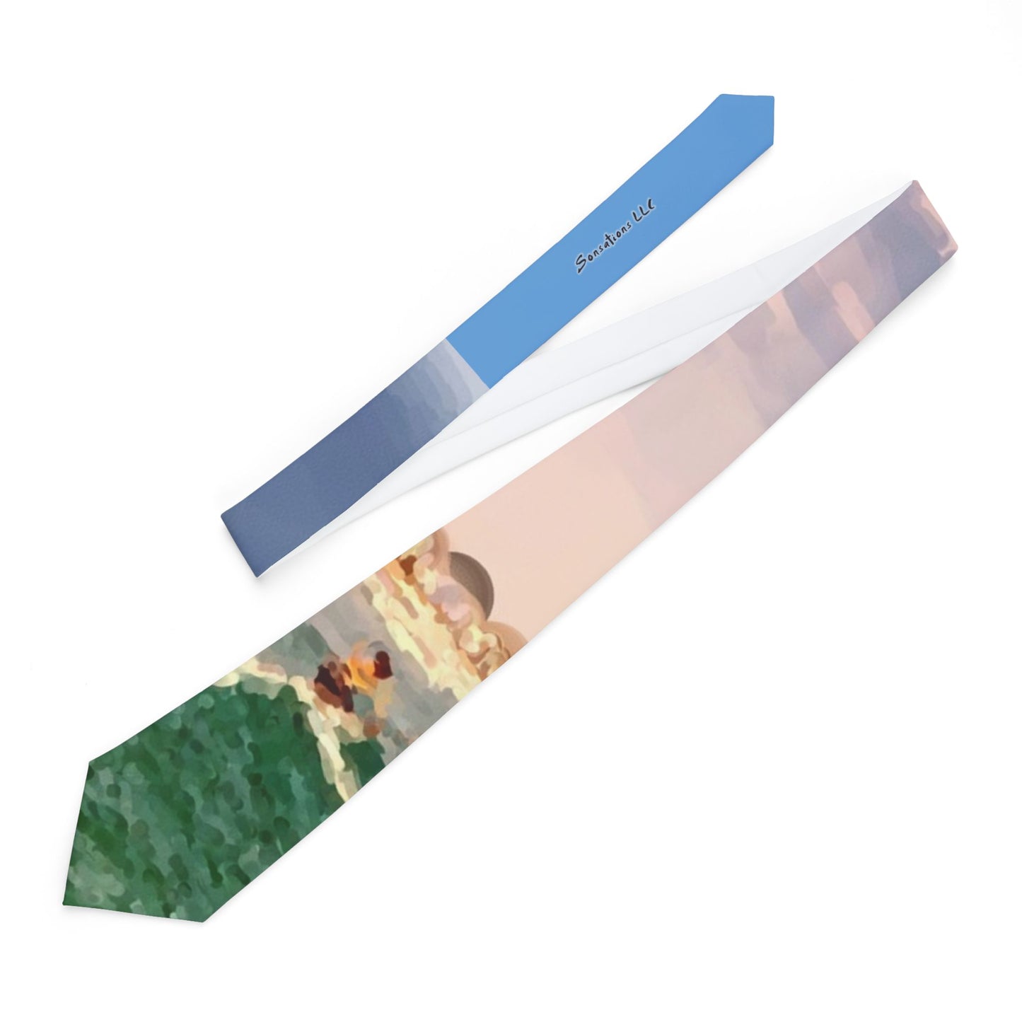 Surf-themed necktie featuring a colorful ocean sunset design for beach lovers