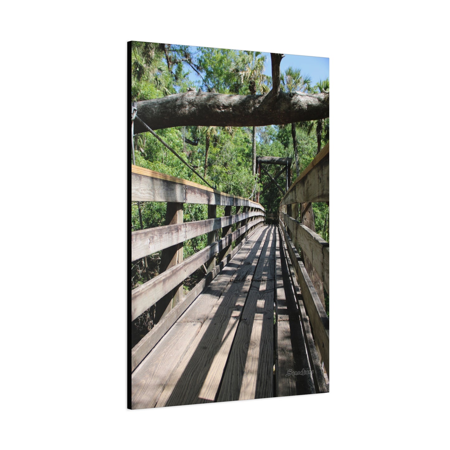 Tranquil bridge nature wall art featuring a wooden bridge surrounded by lush greenery