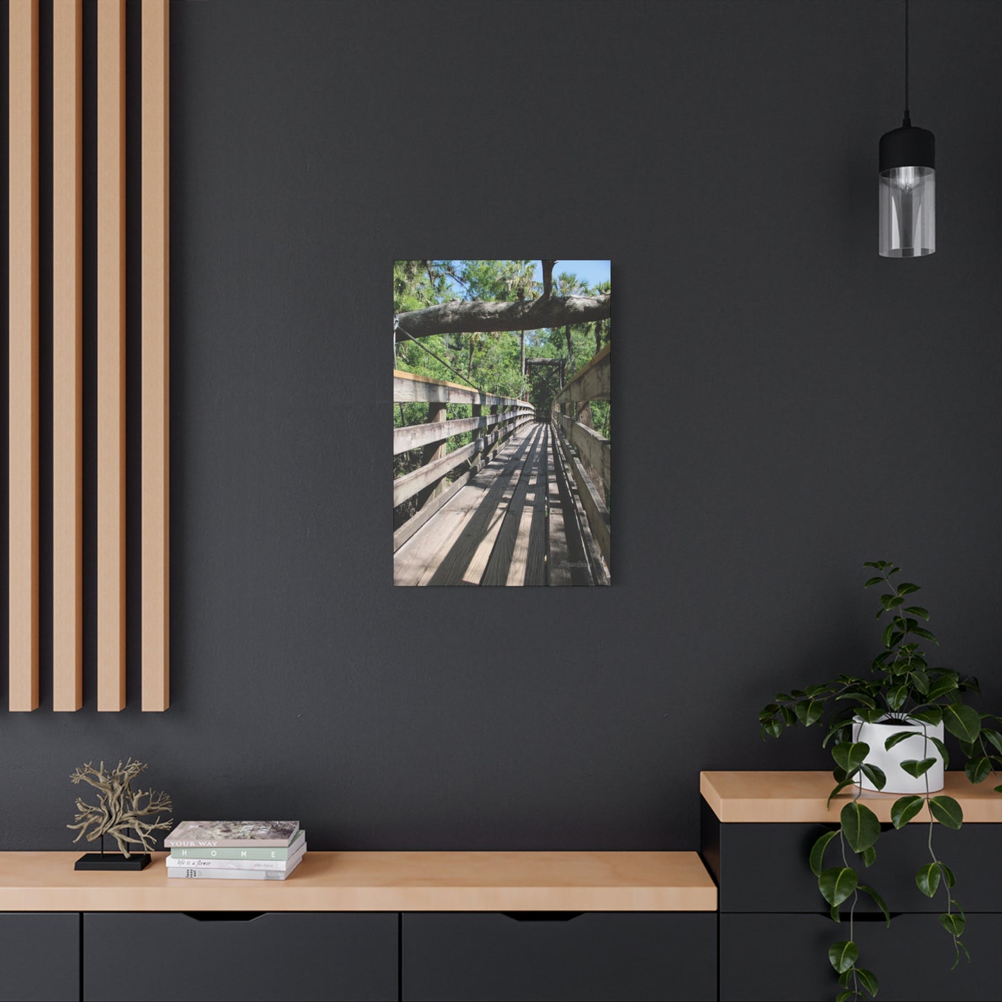 Tranquil bridge nature wall art displayed in a modern living room setting
