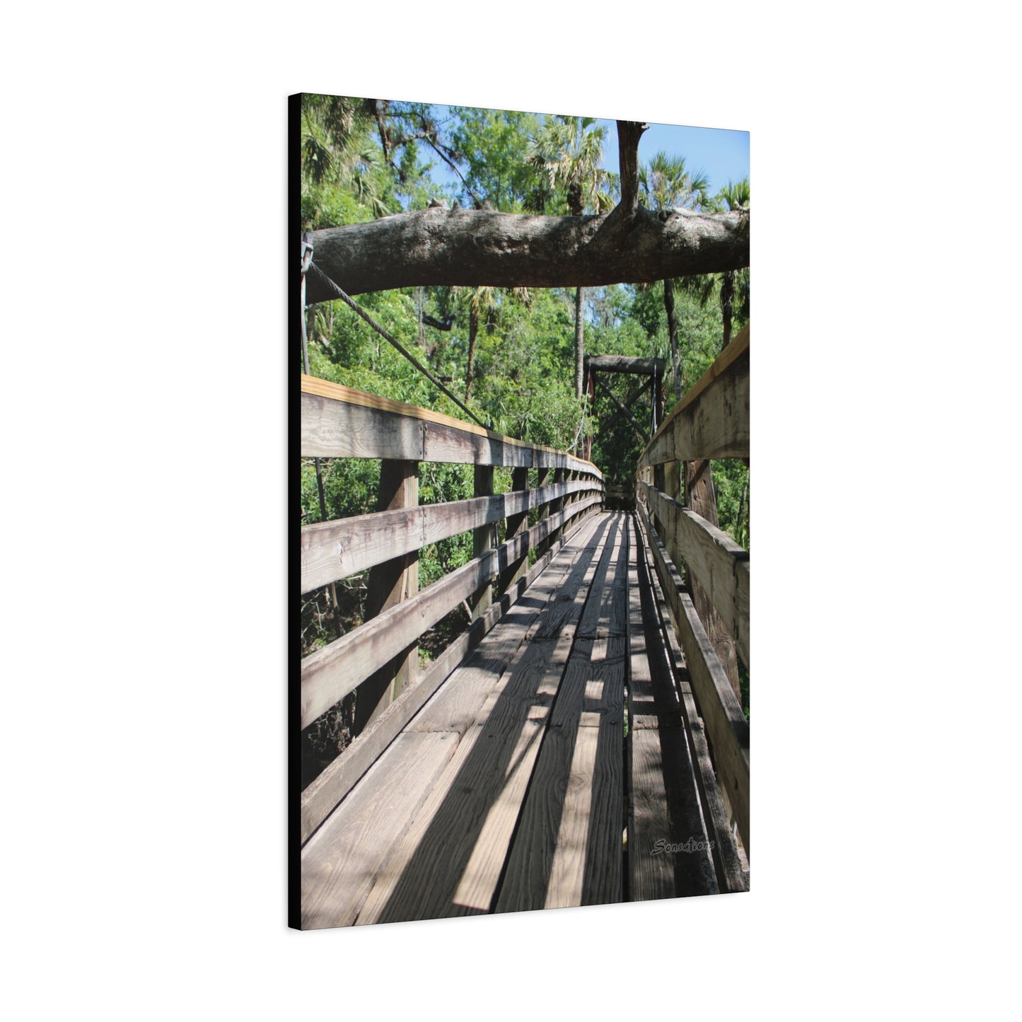 Tranquil bridge nature wall art capturing a serene wooden bridge surrounded by lush greenery