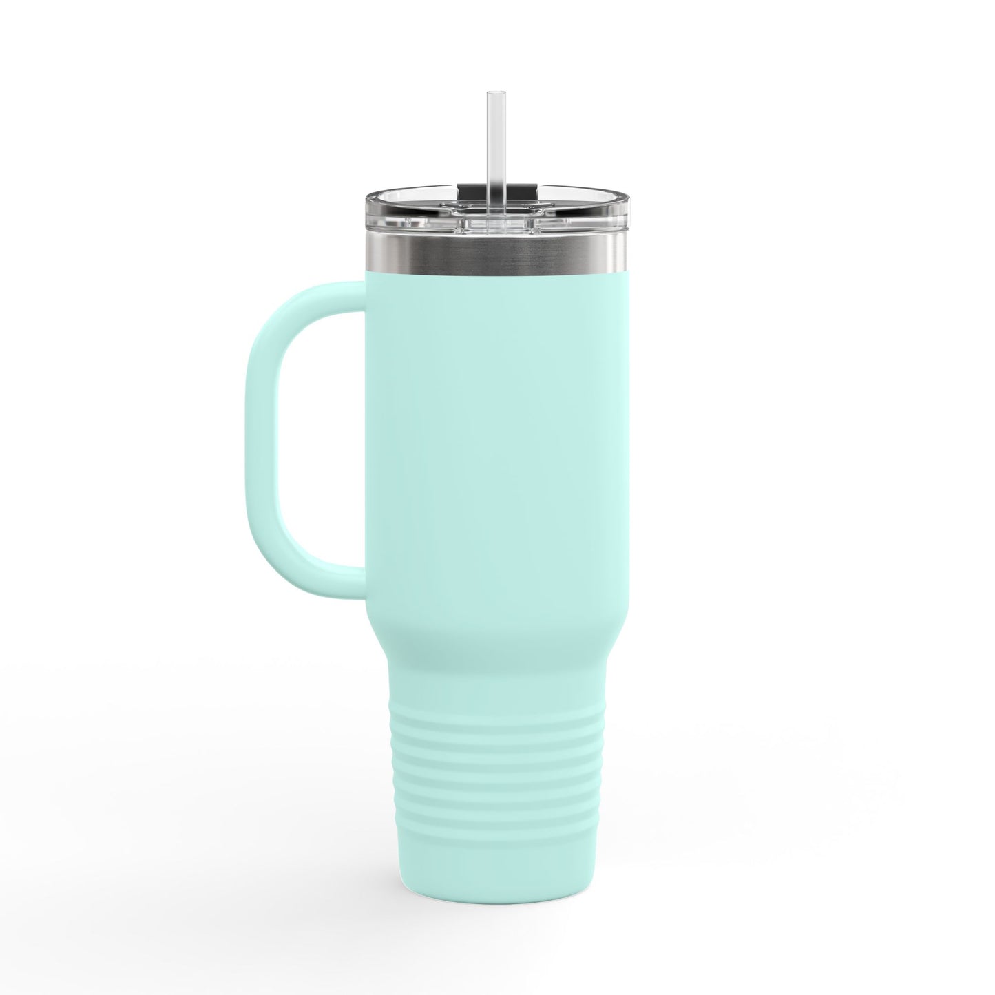 I Love You More travel mug in mint green with a handle and reusable straw for on-the-go enjoyment