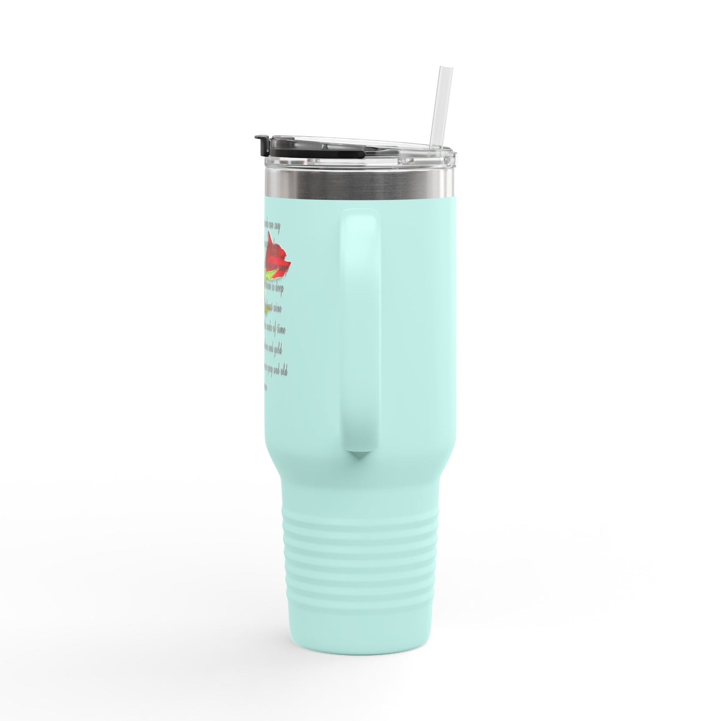 I Love You More travel mug in mint green with a sturdy handle and a straw for easy sipping