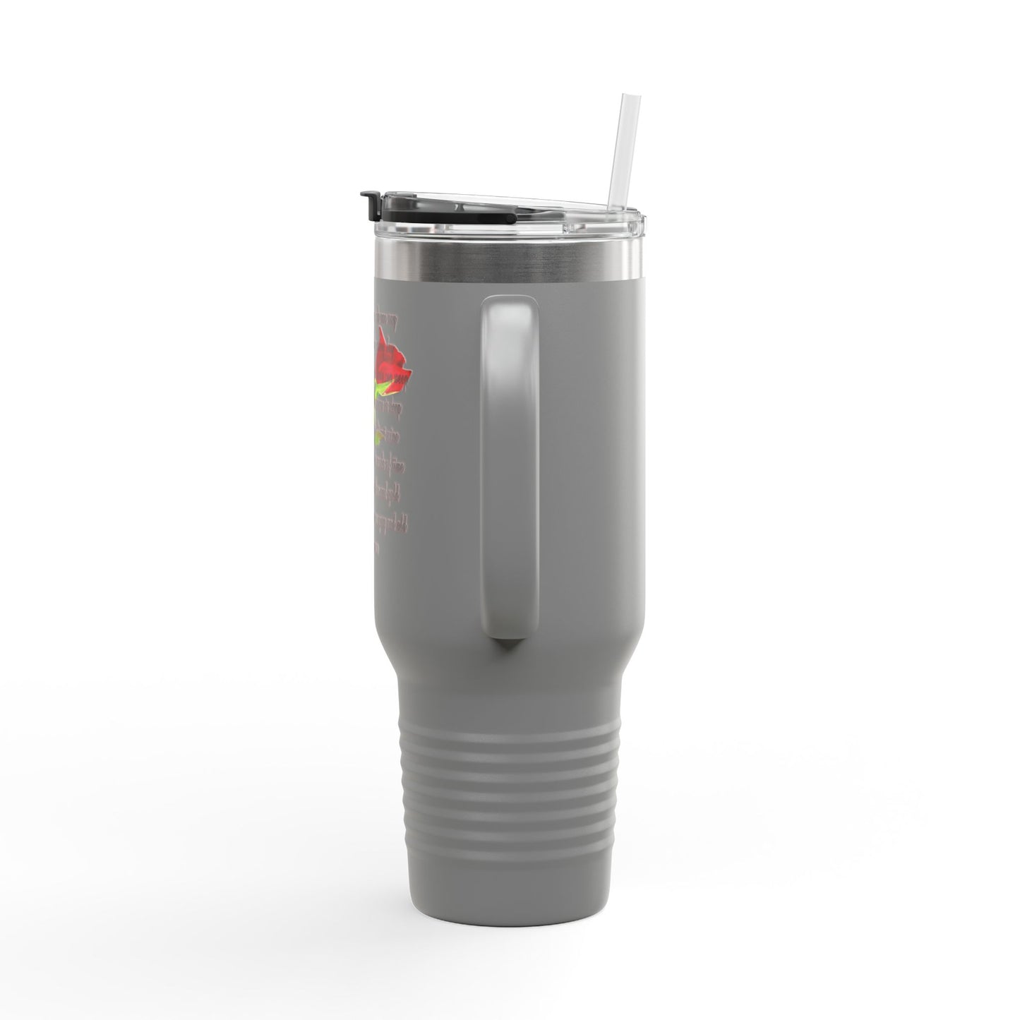 I Love You More travel mug in gray with a sturdy handle and reusable straw for on-the-go hydration