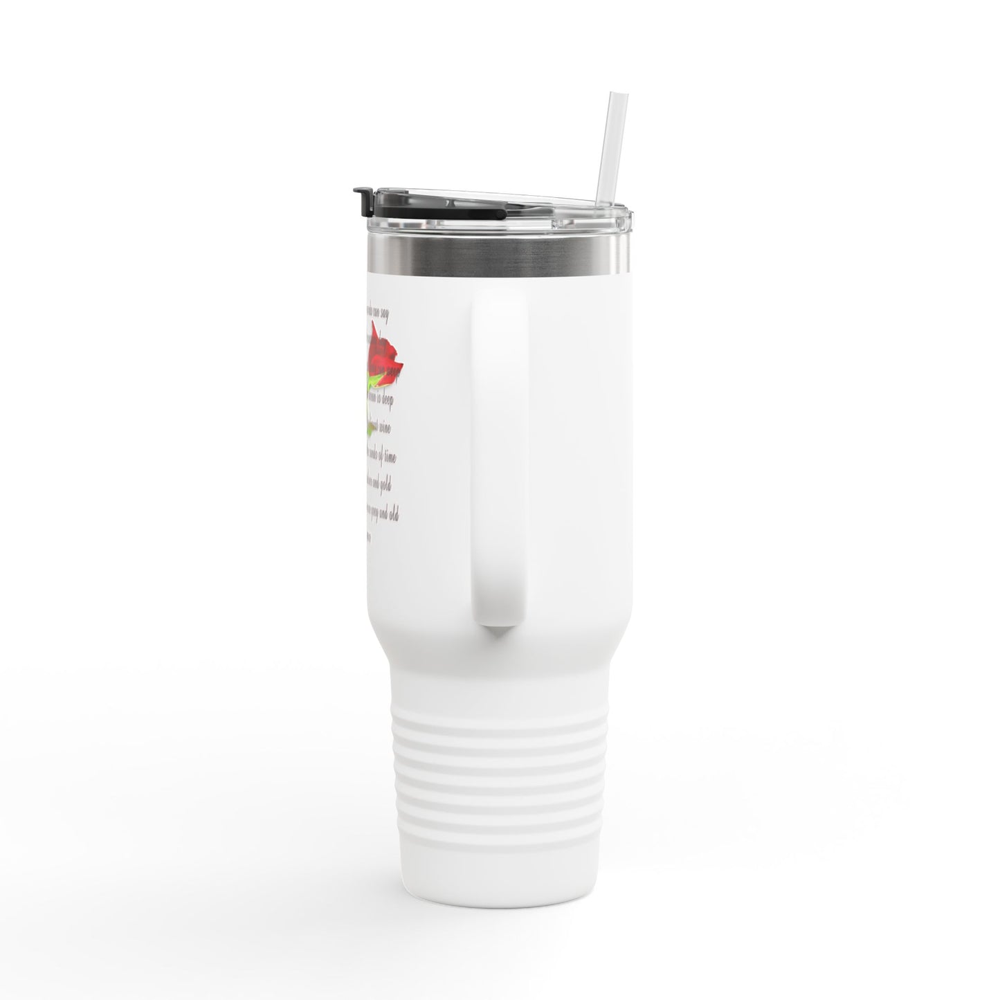 I Love You More travel mug in white with a straw and colorful heart design for sentimental gifts