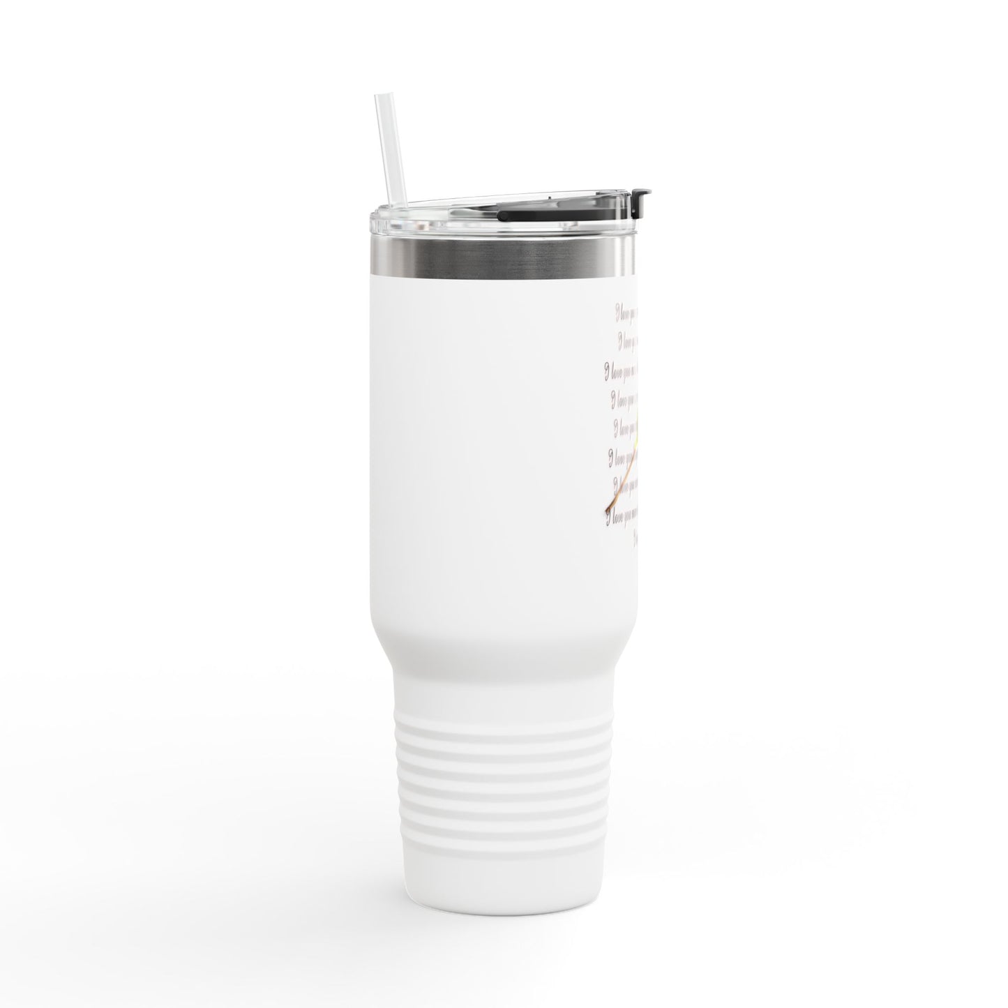 I Love You More travel mug in white with a stylish design and reusable straw for daily use