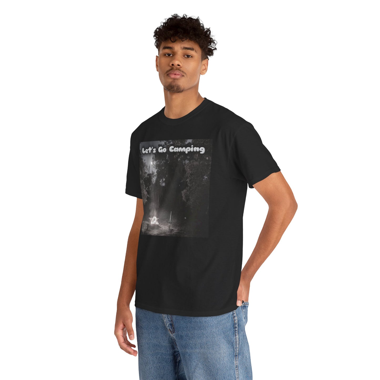 Unisex camping t-shirt featuring a forest scene and the text Let's Go Camping in a stylish design