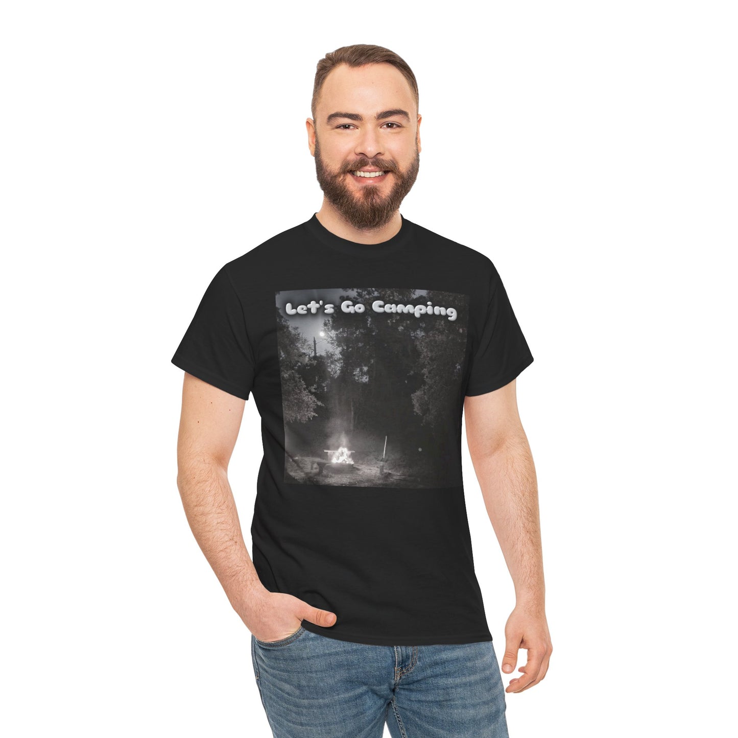Black unisex camping t-shirt with a camping theme and 'Let's Go Camping' print on the front