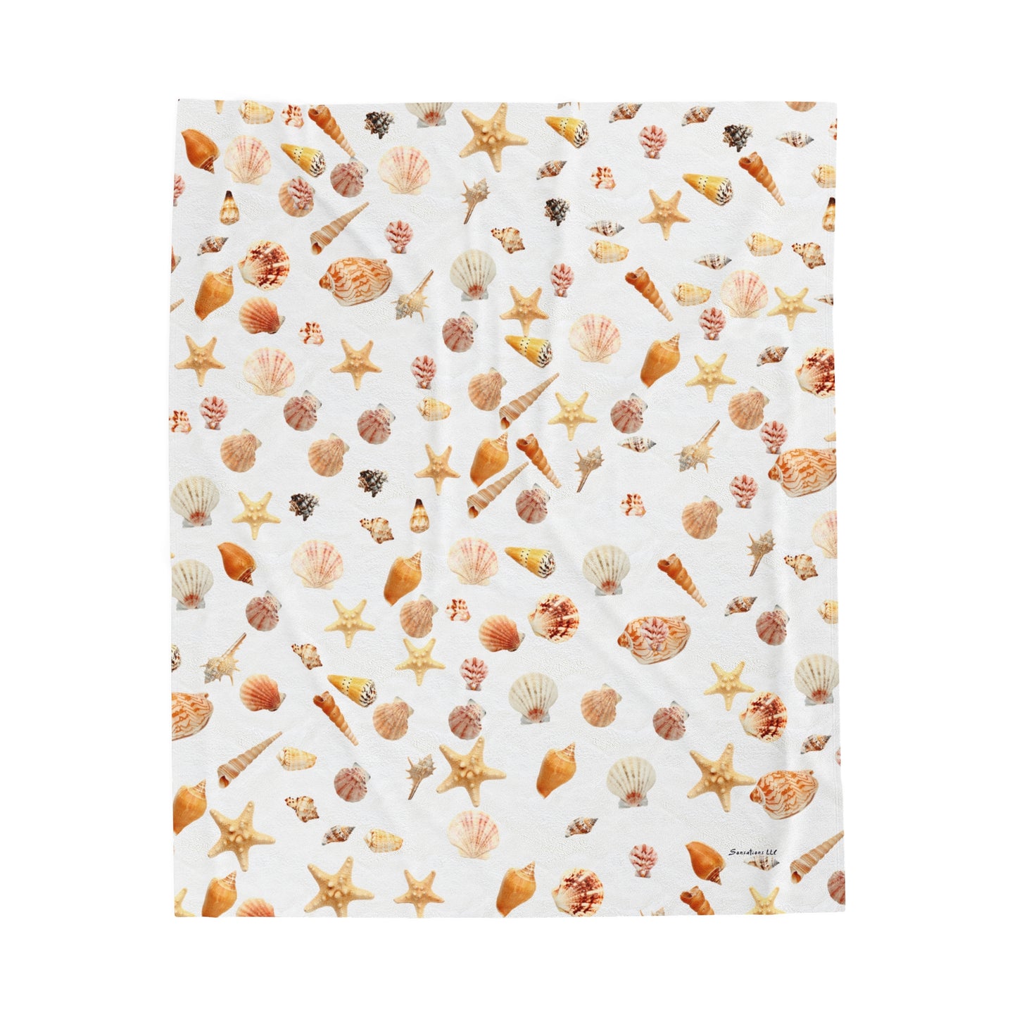 Sea shell velveteen blanket featuring a colorful pattern of various seashells and starfish