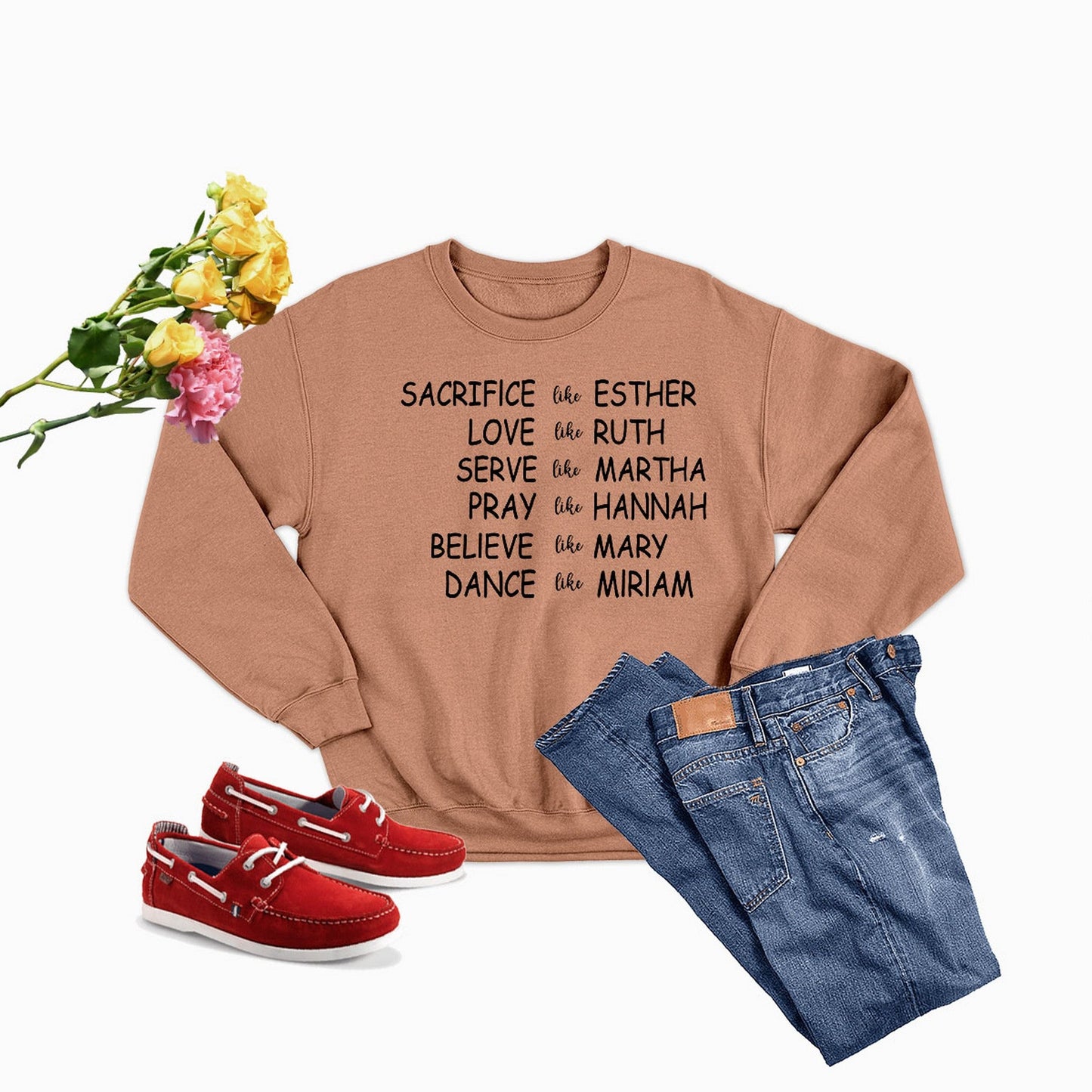 Women of the Bible sweatshirt in brown with inspiring text and styled with jeans and red shoes