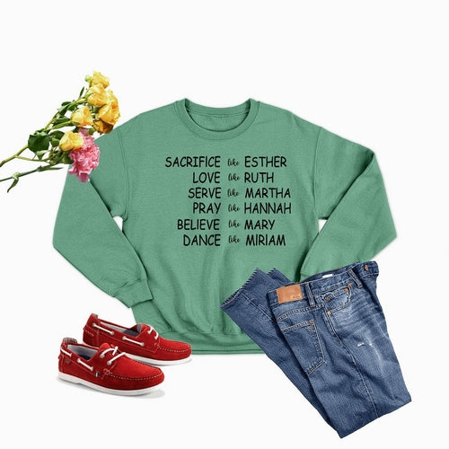 Green Women of the Bible sweatshirt featuring inspirational names and phrases, perfect for casual wear.