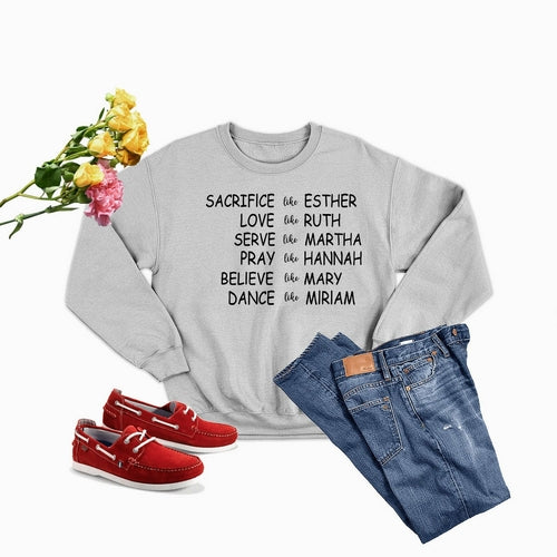Scorpius Women of the Bible sweatshirt featuring inspirational names with casual jeans and stylish shoes