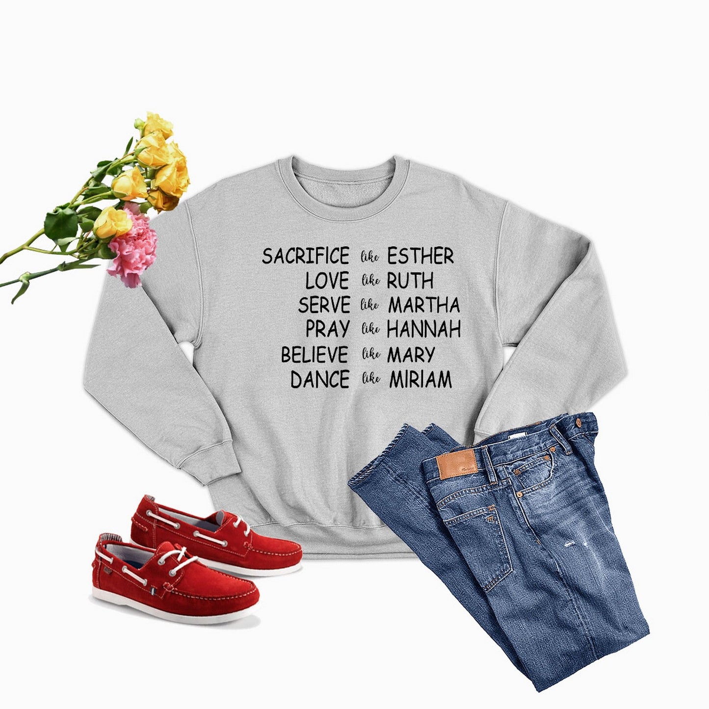 Scorpius Women of the Bible sweatshirt featuring names of Biblical women with casual outfit
