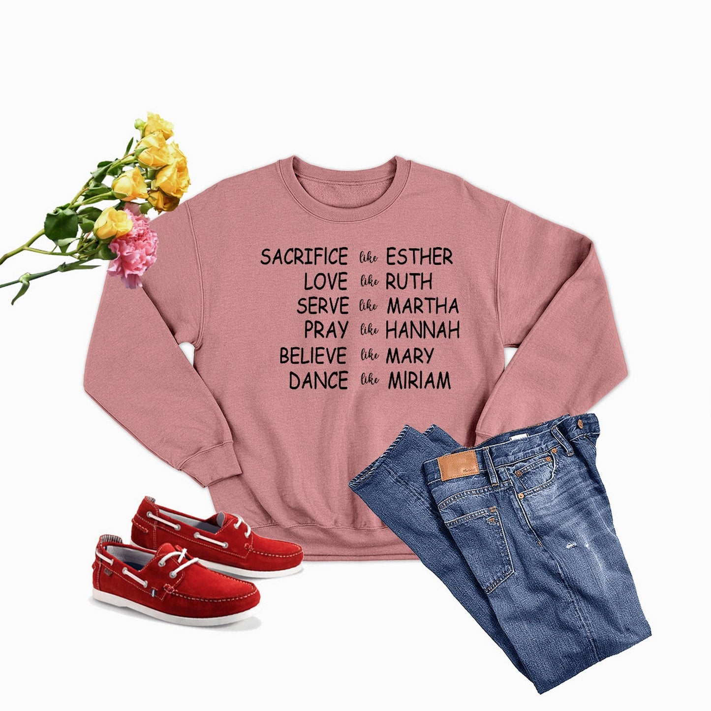 Scorpius Women of the Bible sweatshirt in rose color with inspirational text design