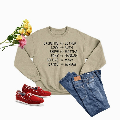Scorpius Women of the Bible sweatshirt in beige featuring inspirational names and phrases