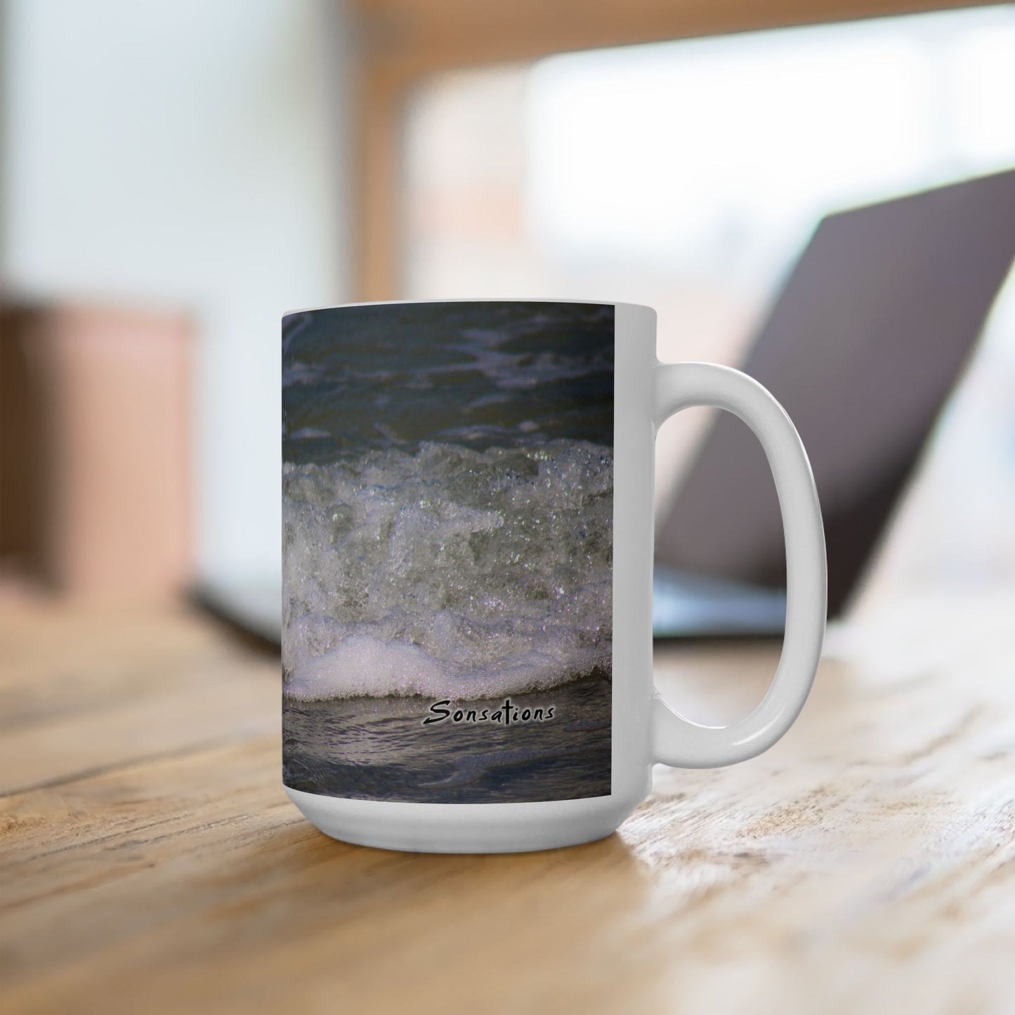 Coastal Sandpiper Ceramic Mug -15oz, Ocean Wave Design
