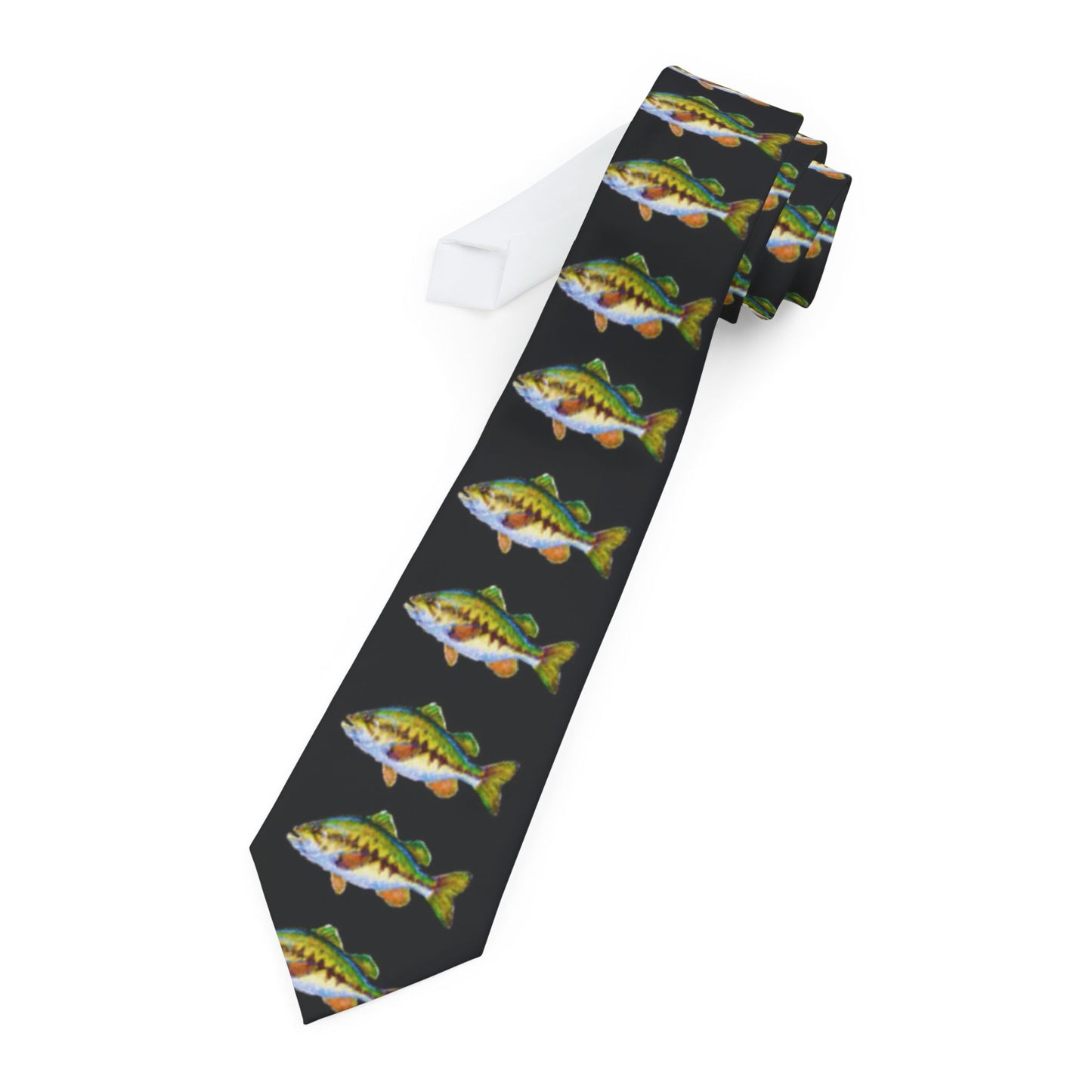 Bass fishing necktie featuring colorful fish designs on a dark background for fishing enthusiasts
