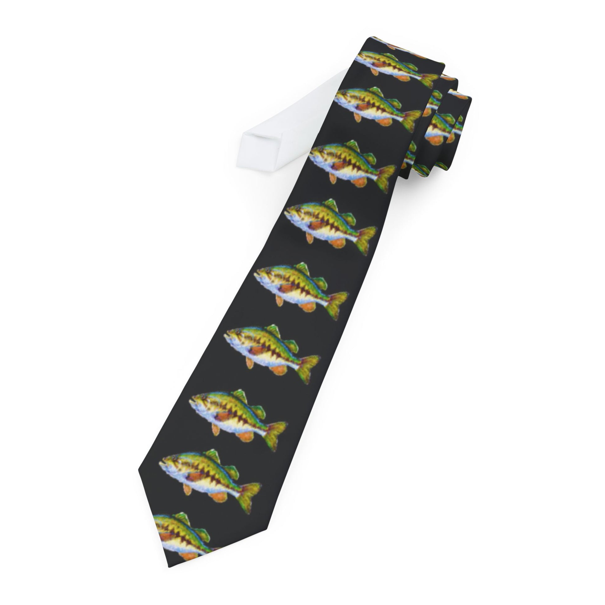 Bass fishing necktie featuring colorful fish designs on a dark background for fishing enthusiasts