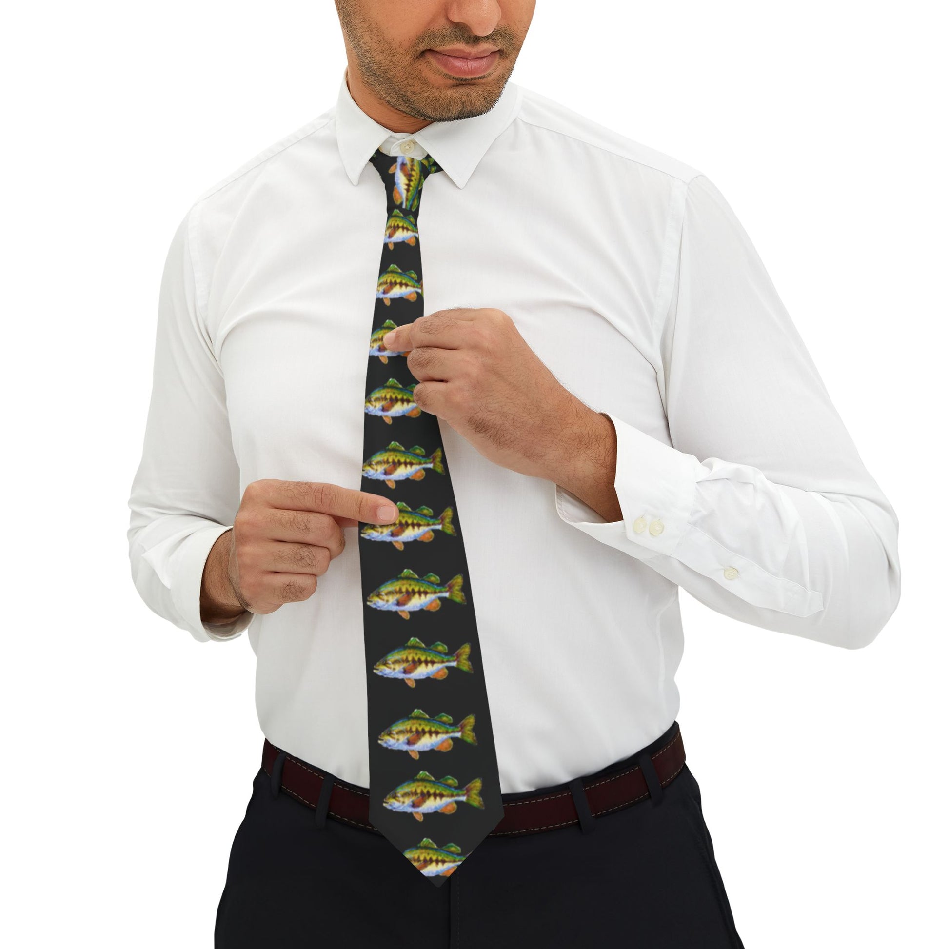 Men's bass fishing necktie featuring colorful fish design, perfect for fishing enthusiasts