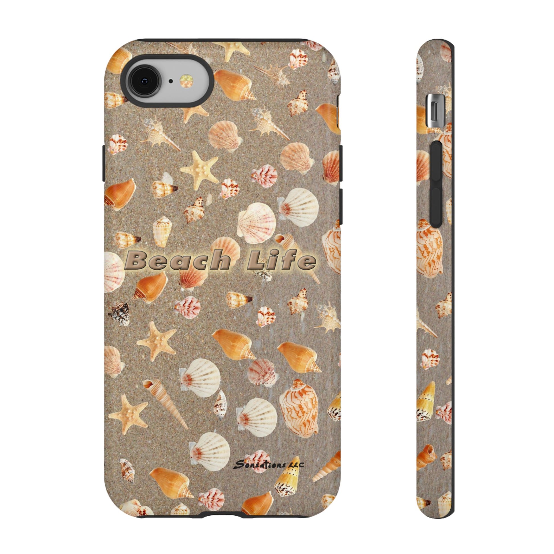 Beach Life phone cases featuring a sandy design with colorful seashells and starfish