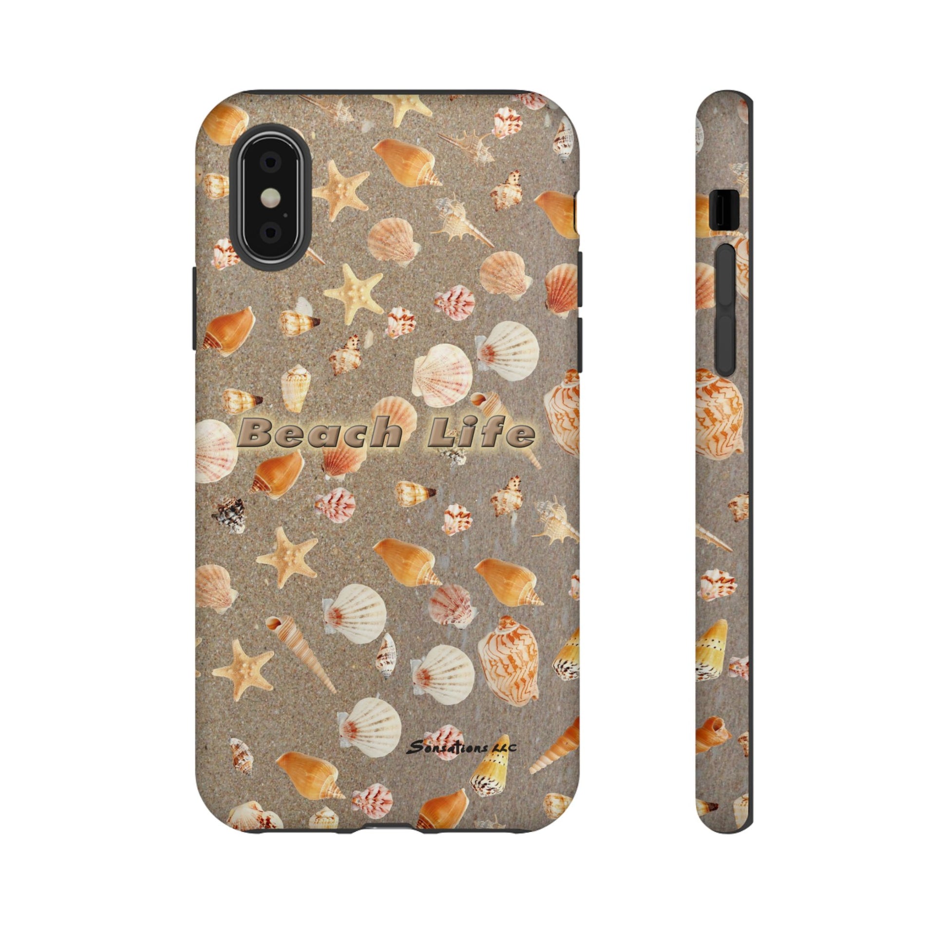 Stylish Beach Life phone cases featuring shells and stars in warm colors for beach lovers