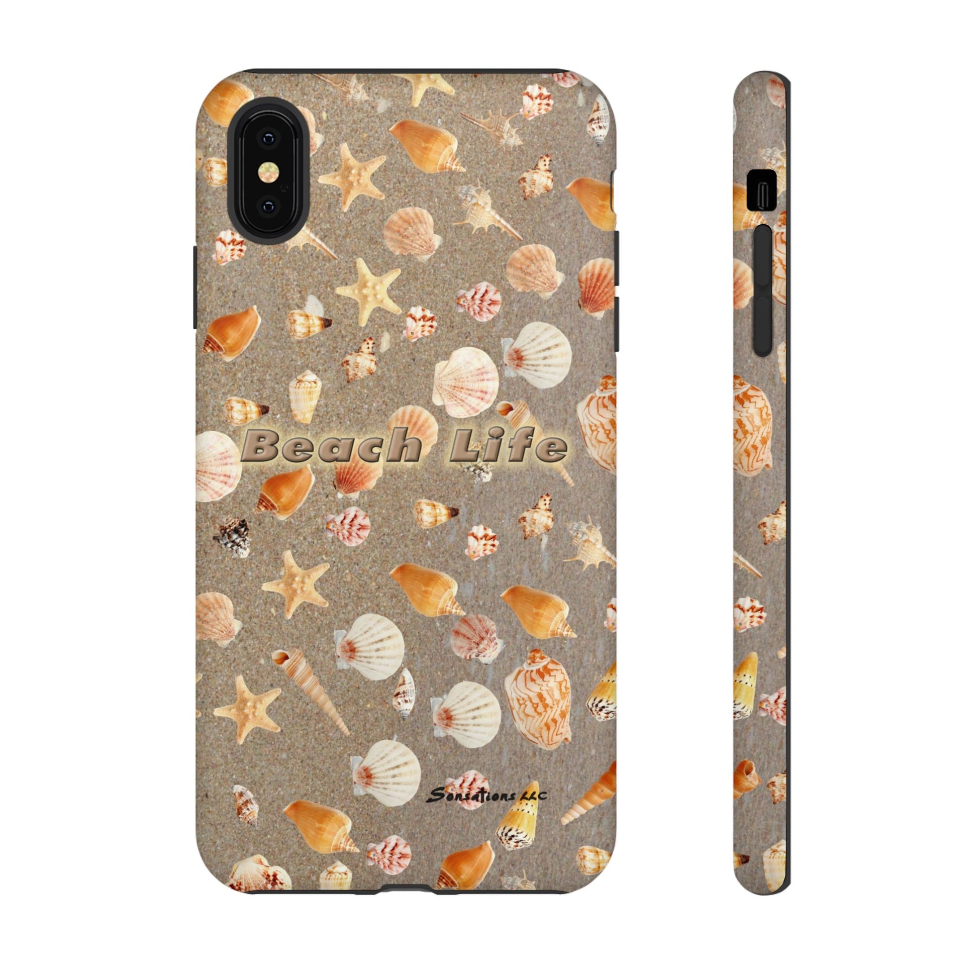 Beach Life phone cases featuring a sandy design with seashells and starfish for summer vibes