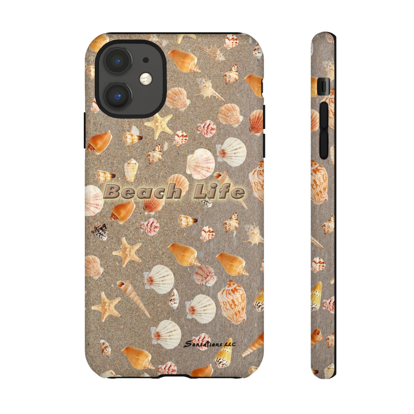Stylish Beach Life phone cases featuring colorful seashells and starfish on a sandy background