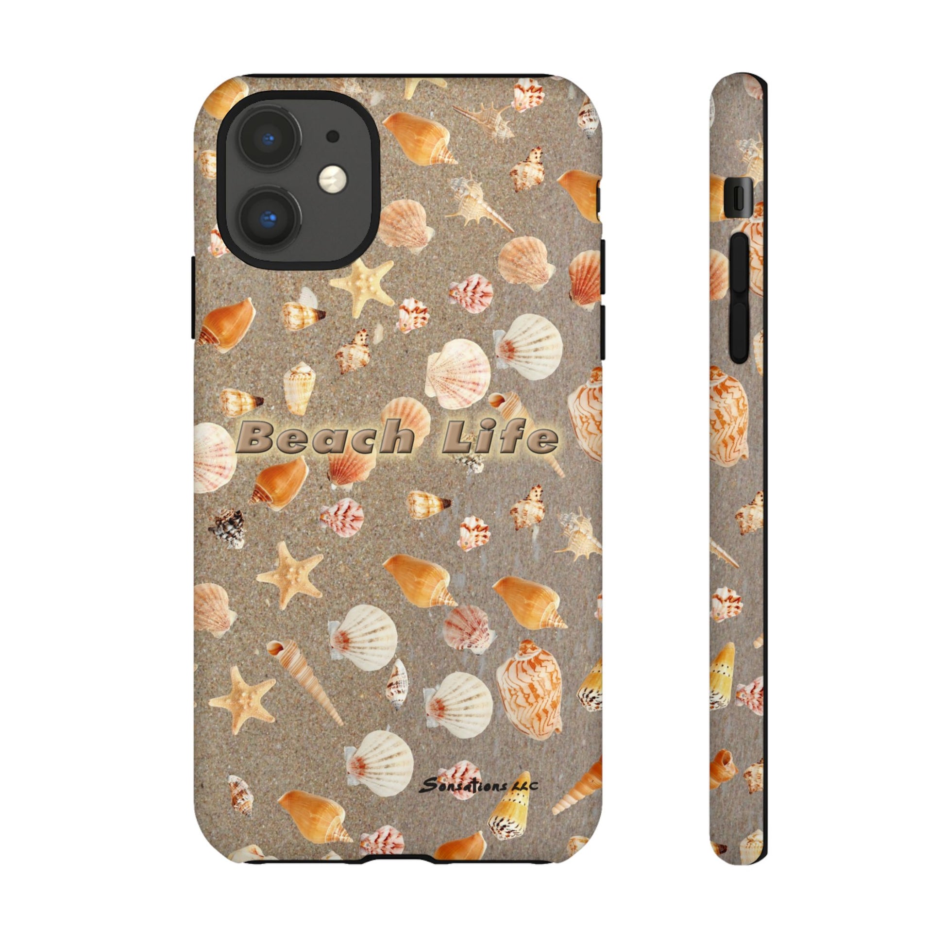 Beach Life phone cases featuring a seashell design on a sandy background for coastal enthusiasts