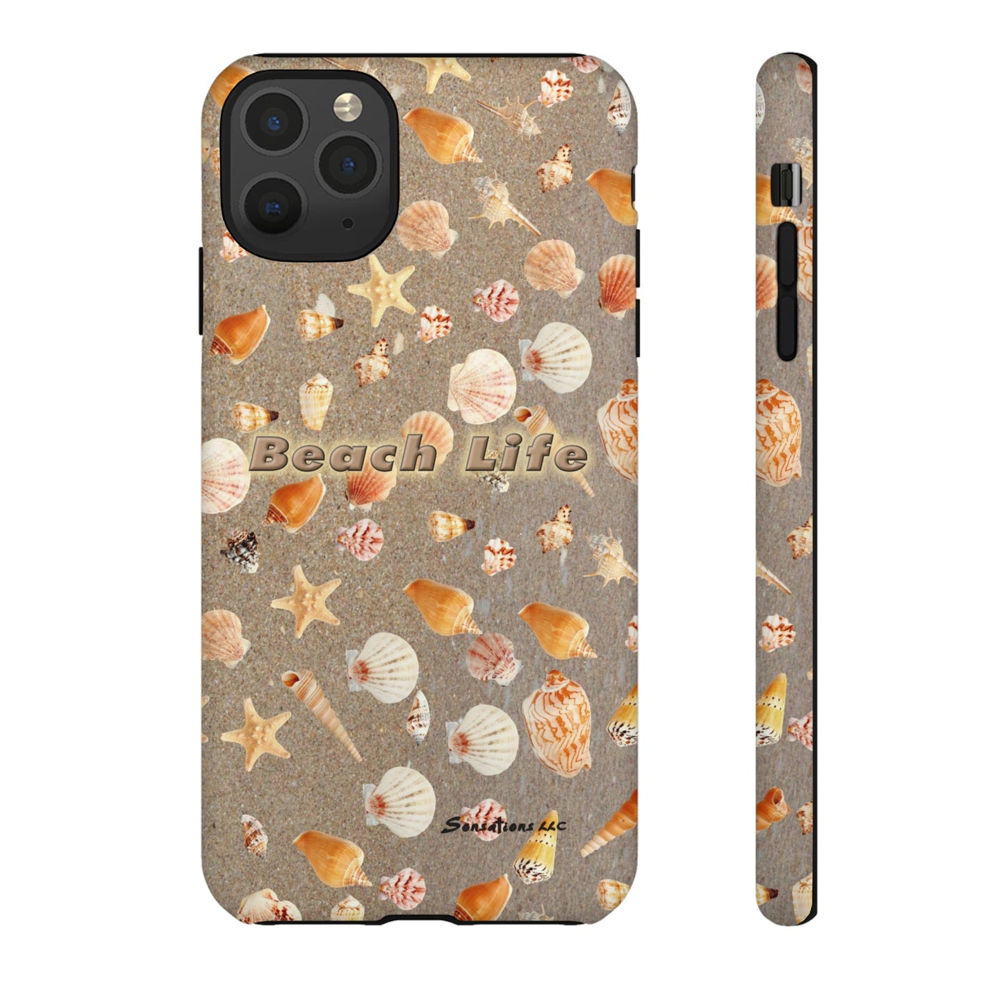 Beach Life phone cases featuring a shell pattern on a sandy background for beach lovers