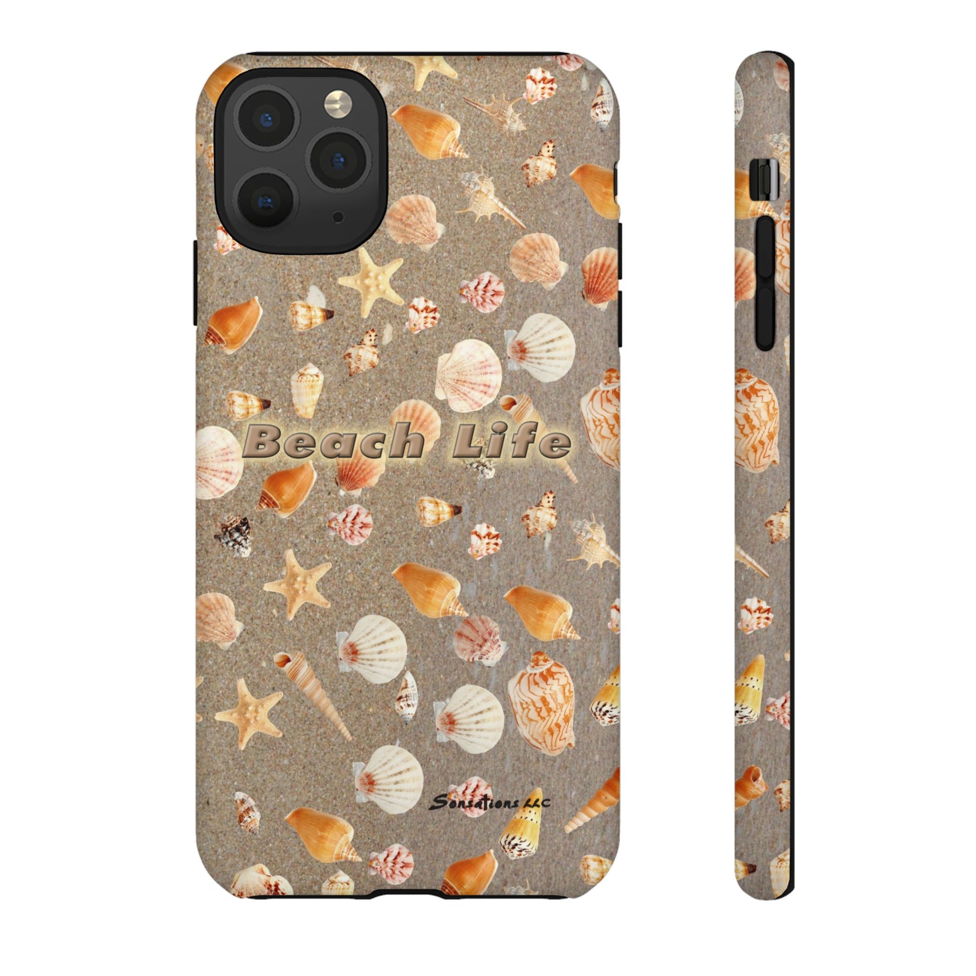 Beach Life phone cases featuring a shell pattern on a sandy background for beach lovers
