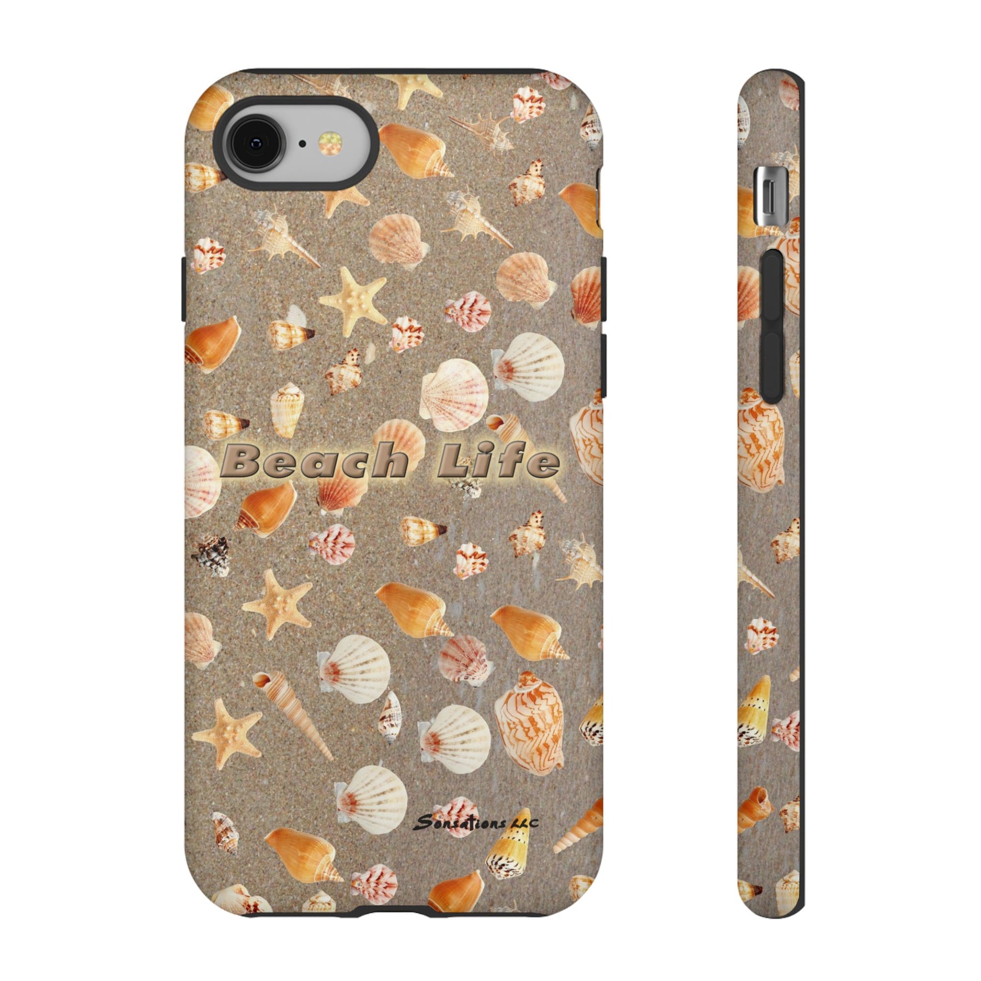 Colorful Beach Life phone cases featuring seashell and starfish designs on a sandy background