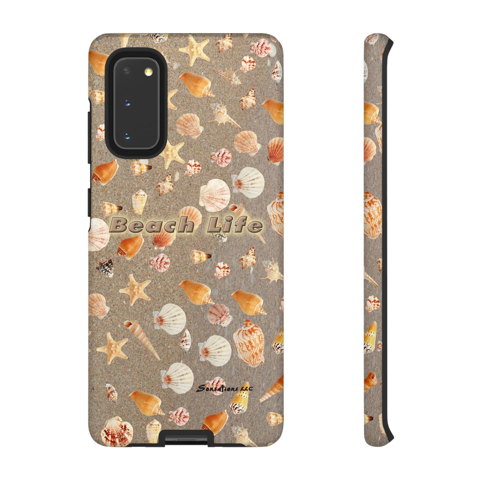 Beach Life phone cases featuring seashells and starfish design on a sandy background
