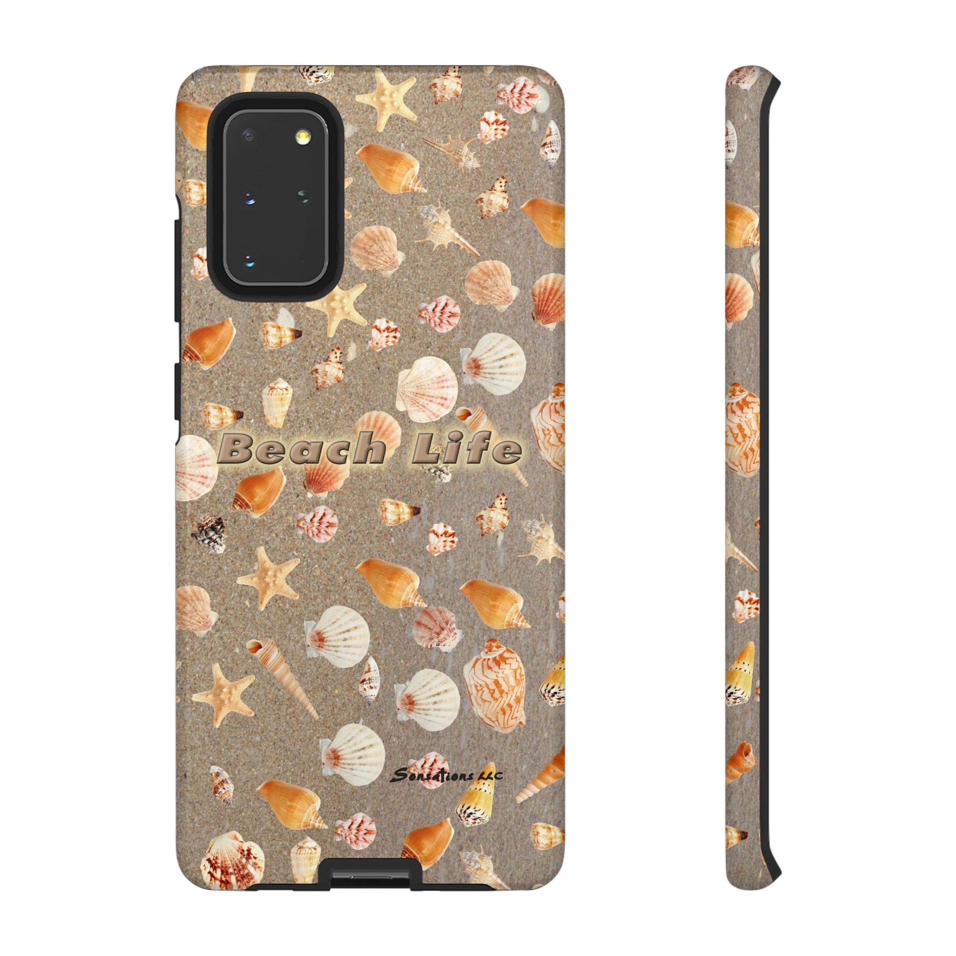 Colorful Beach Life phone cases featuring seashells and starfish pattern for summer vibes