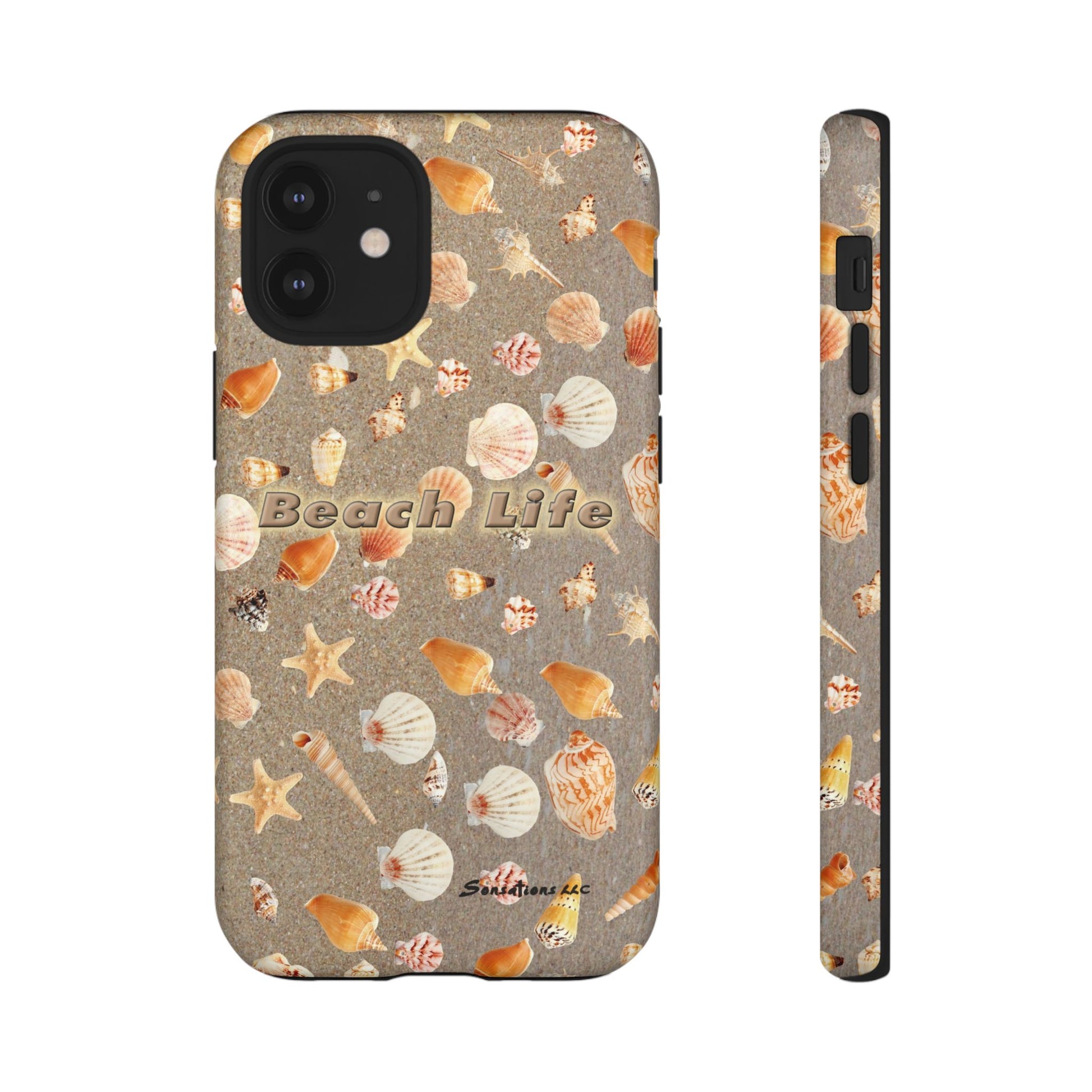 Beach Life phone cases featuring a design with seashells and starfish on a sandy background