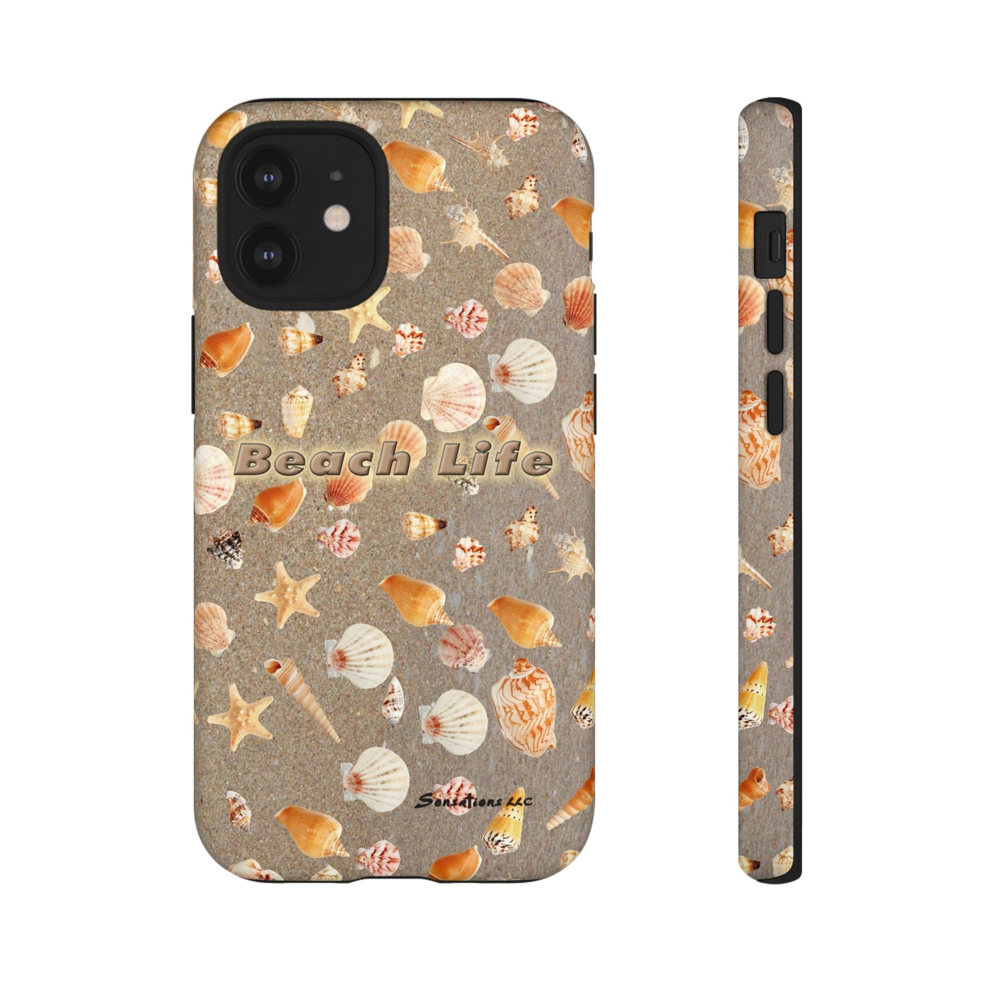 Colorful Beach Life phone cases featuring seashells and starfish design for beach lovers