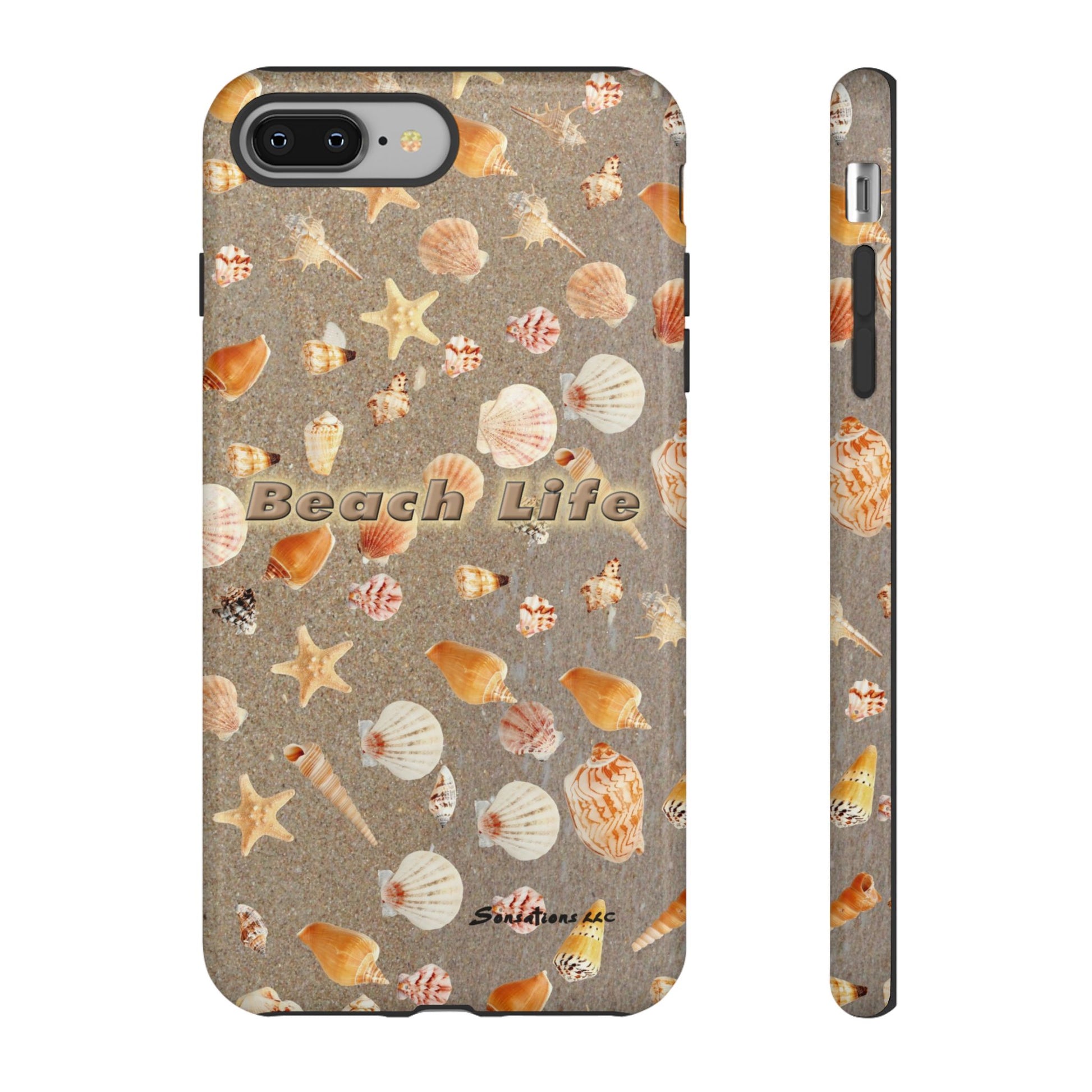 Beach Life phone cases featuring a seashell design on a textured background